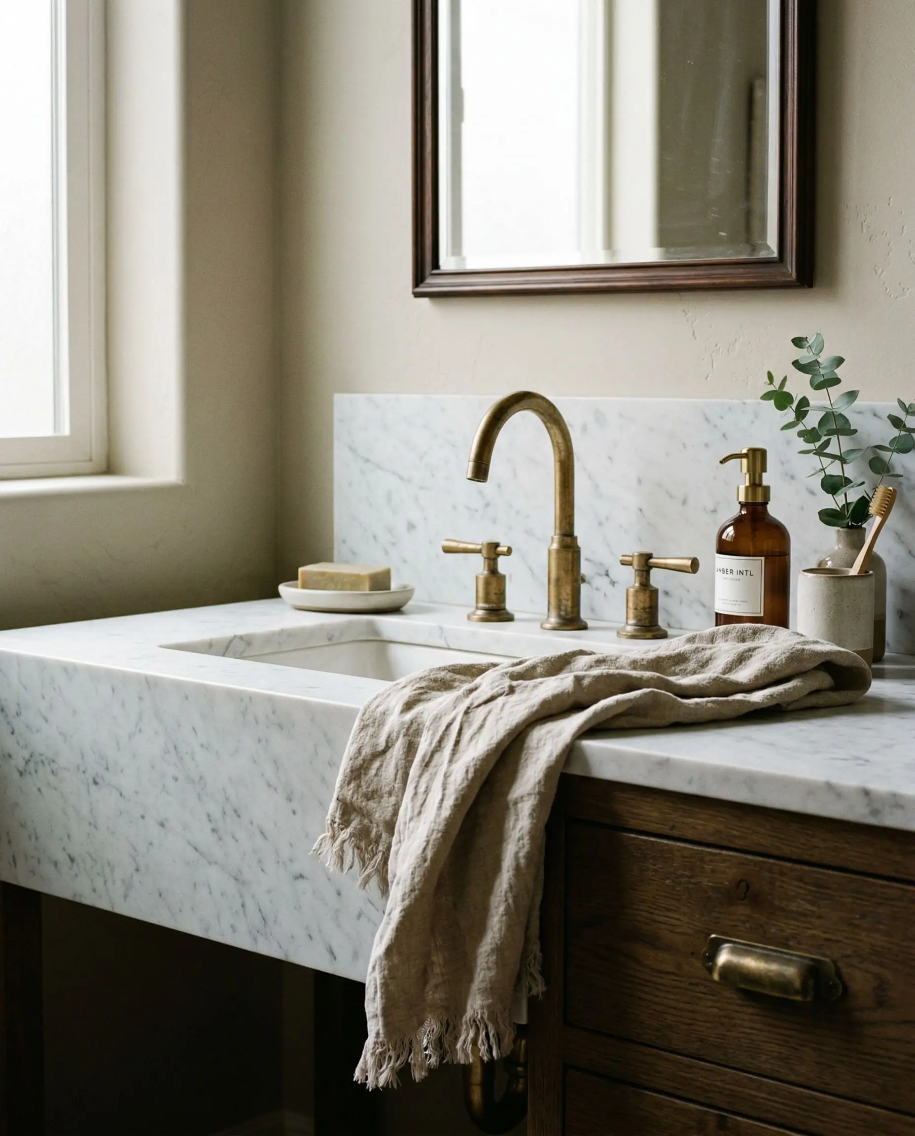 A close-up of a bathroom vanity showcases honed Carrara marble countertops, an unlacquered brass faucet, a vintage oak drawer, and a draped linen hand towel.