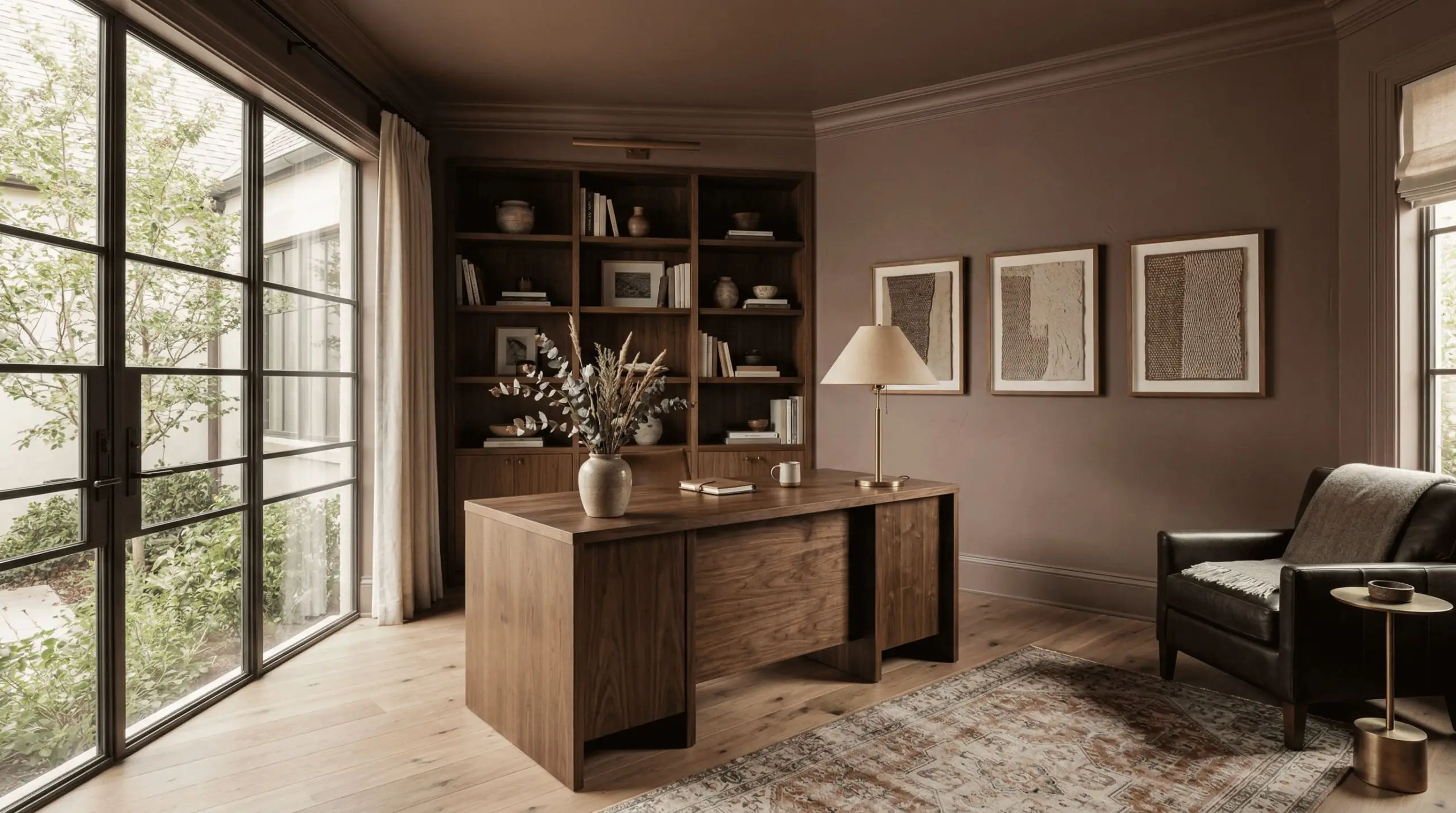 An immersive study features walls, baseboards, and ceiling painted continuously in Sherwin-Williams Mulberry Silk (Hex #94766C), complementing a dark walnut desk and brass lamp.