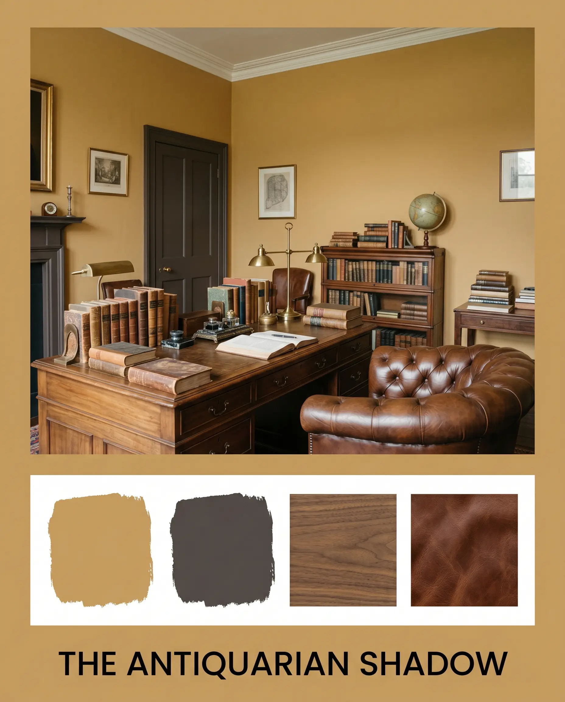 An editorial magazine layout titled "THE ANTIQUARIAN SHADOW" features a historic academic study painted in Farrow & Ball India Yellow (Hex #c59c5d) above a flat-lay of dark brown paint, aged walnut, and rich brown leather.