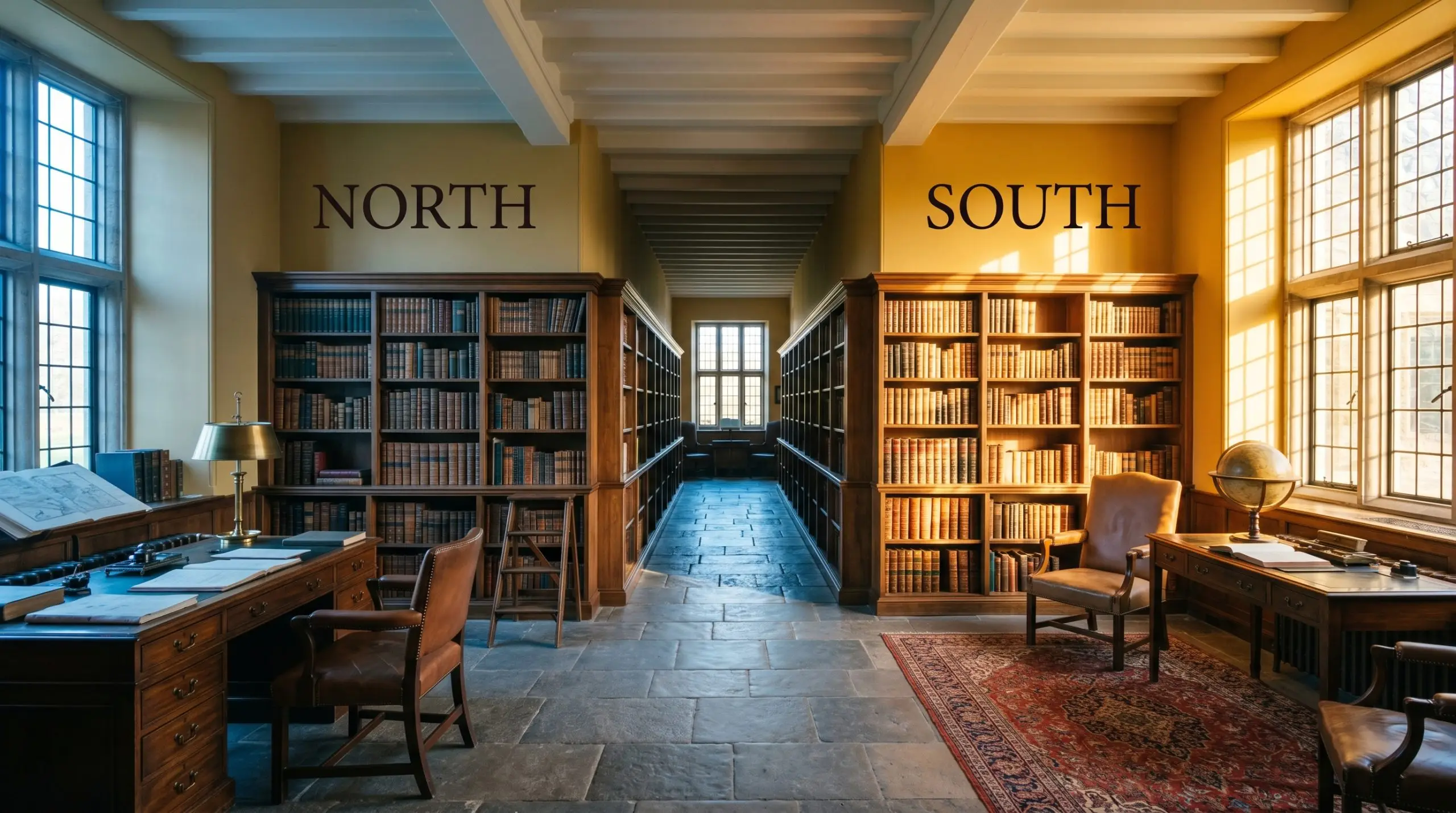A continuous historic study room painted in Farrow & Ball India Yellow (Hex #c59c5d) shifts from a flat earthy brown in cooler North-facing light to golden-orange in warm South-facing exposure.