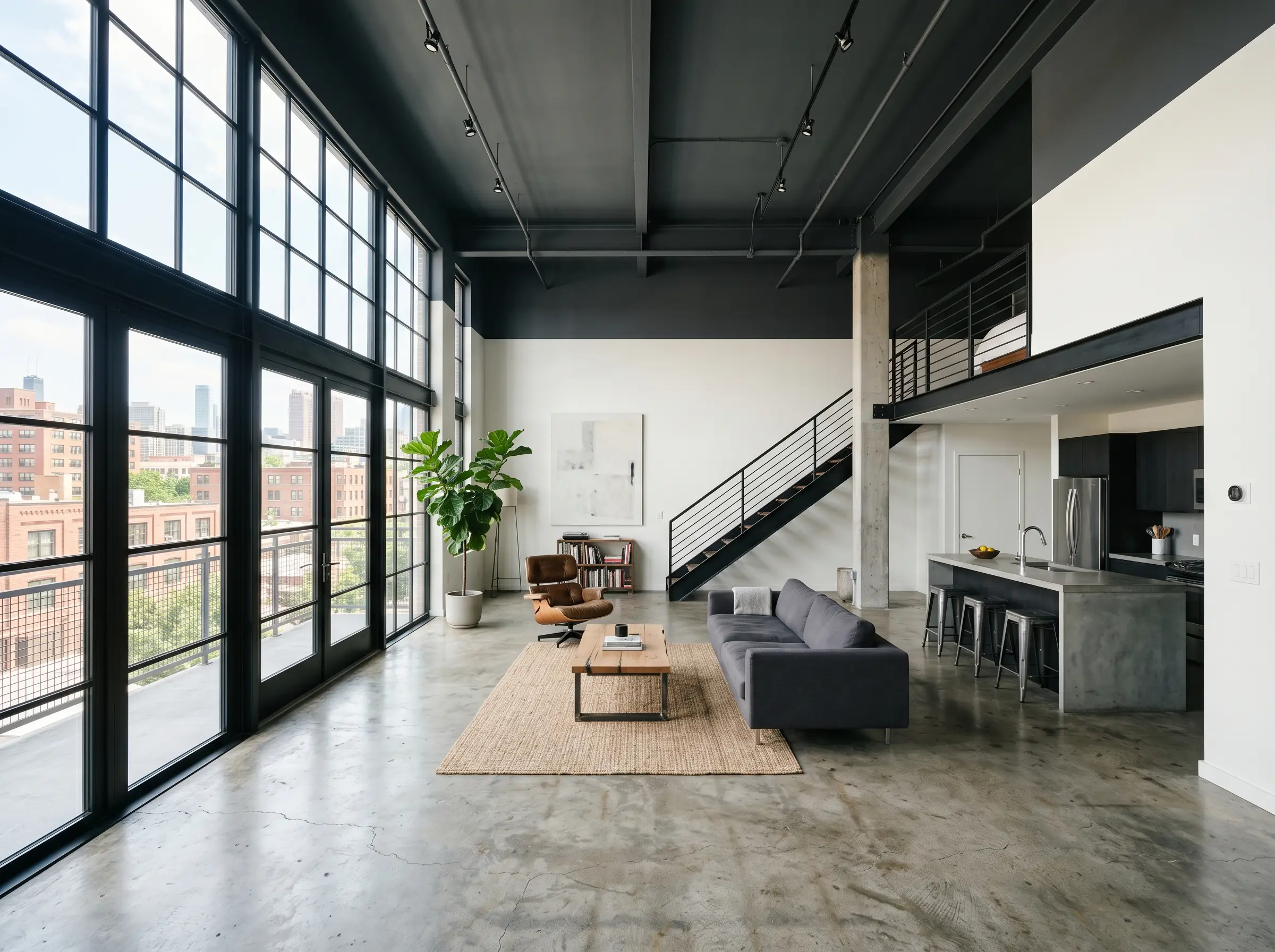 A dark cool charcoal ceiling and upper wall canopy looms over high-reflective white lower walls and raw concrete floors in an open-concept loft.