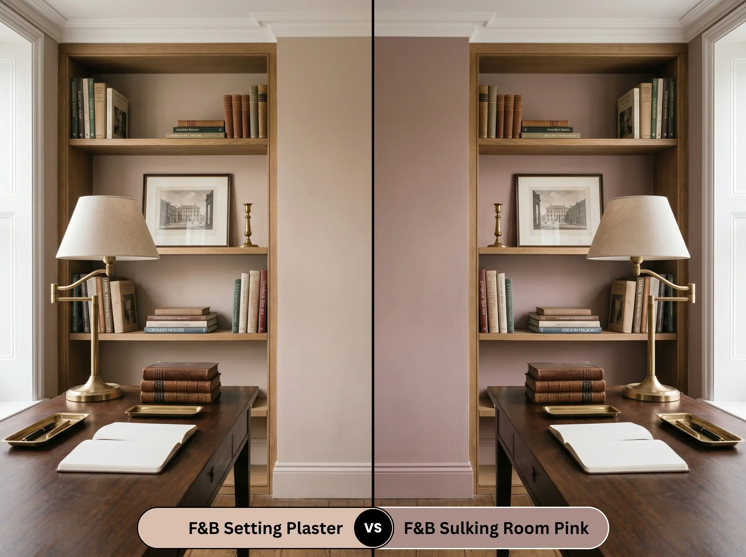A perfectly mirrored intimate study contrasts a dusty mid-tone pink wall on the left with a significantly darker, muddier rose wall on the right behind built-in bookshelves and an unlacquered brass lamp.