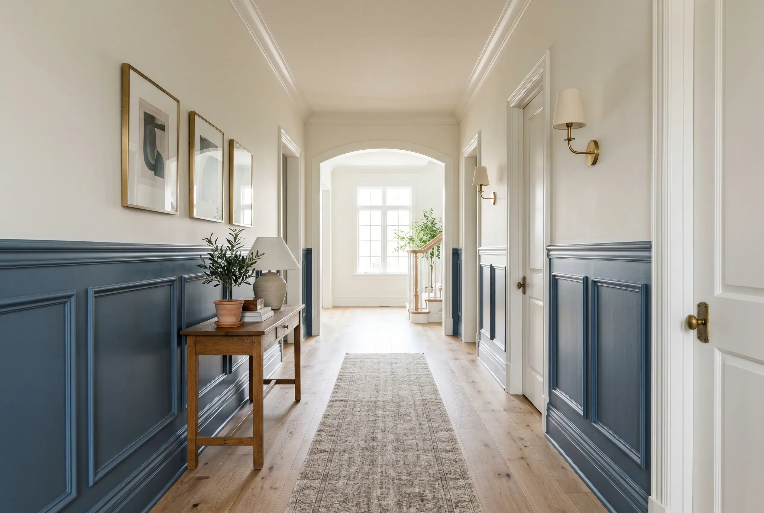 Lower-third intricate wainscoting painted in Benjamin Moore Newburyport Blue (Hex #465566) lines a sophisticated hallway featuring rift-sawn white oak floors.