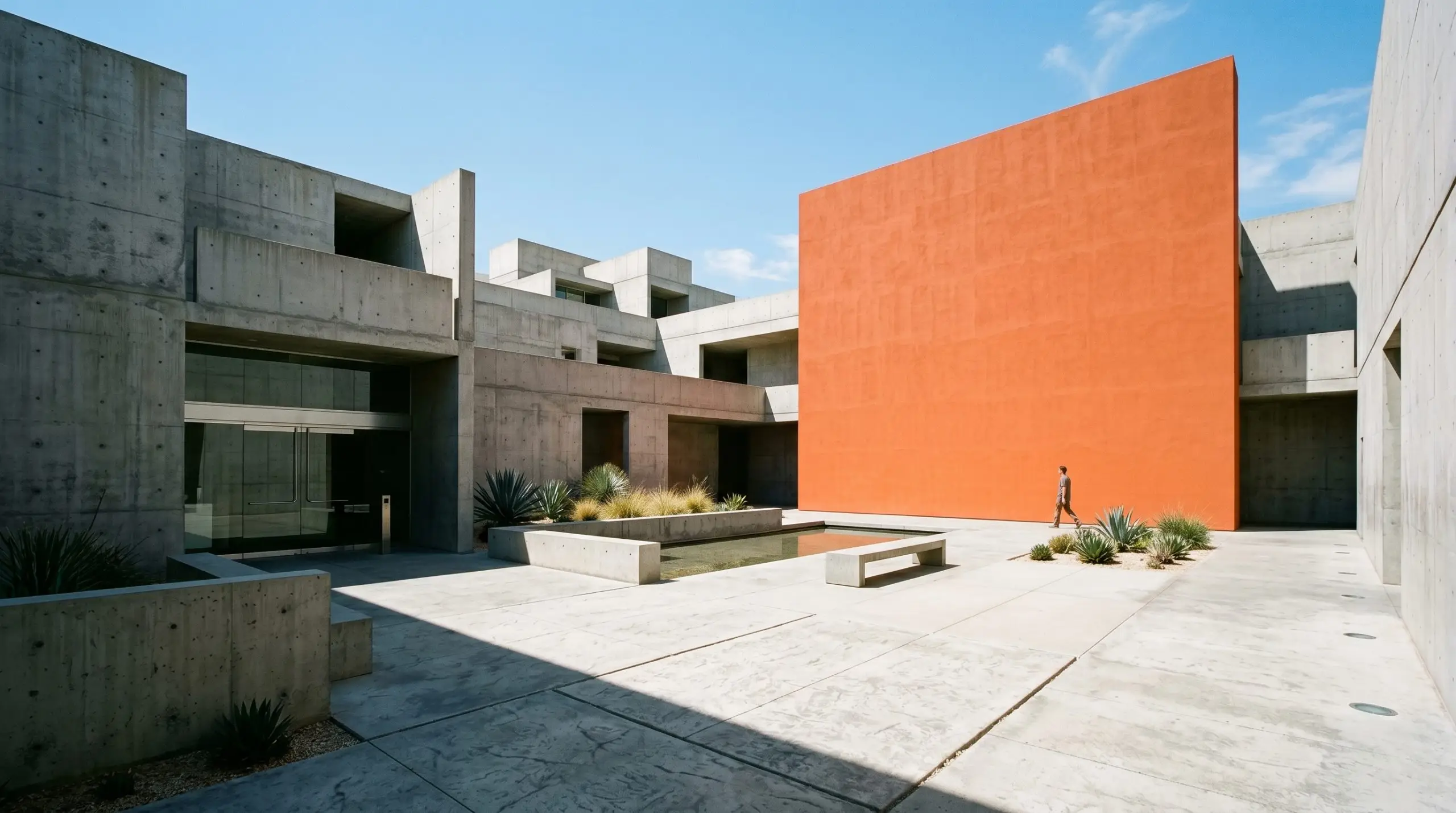 A single vivid earthy orange monolithic accent wall stands out against cold, raw poured gray concrete floors and sharp brutalist architectural lines.