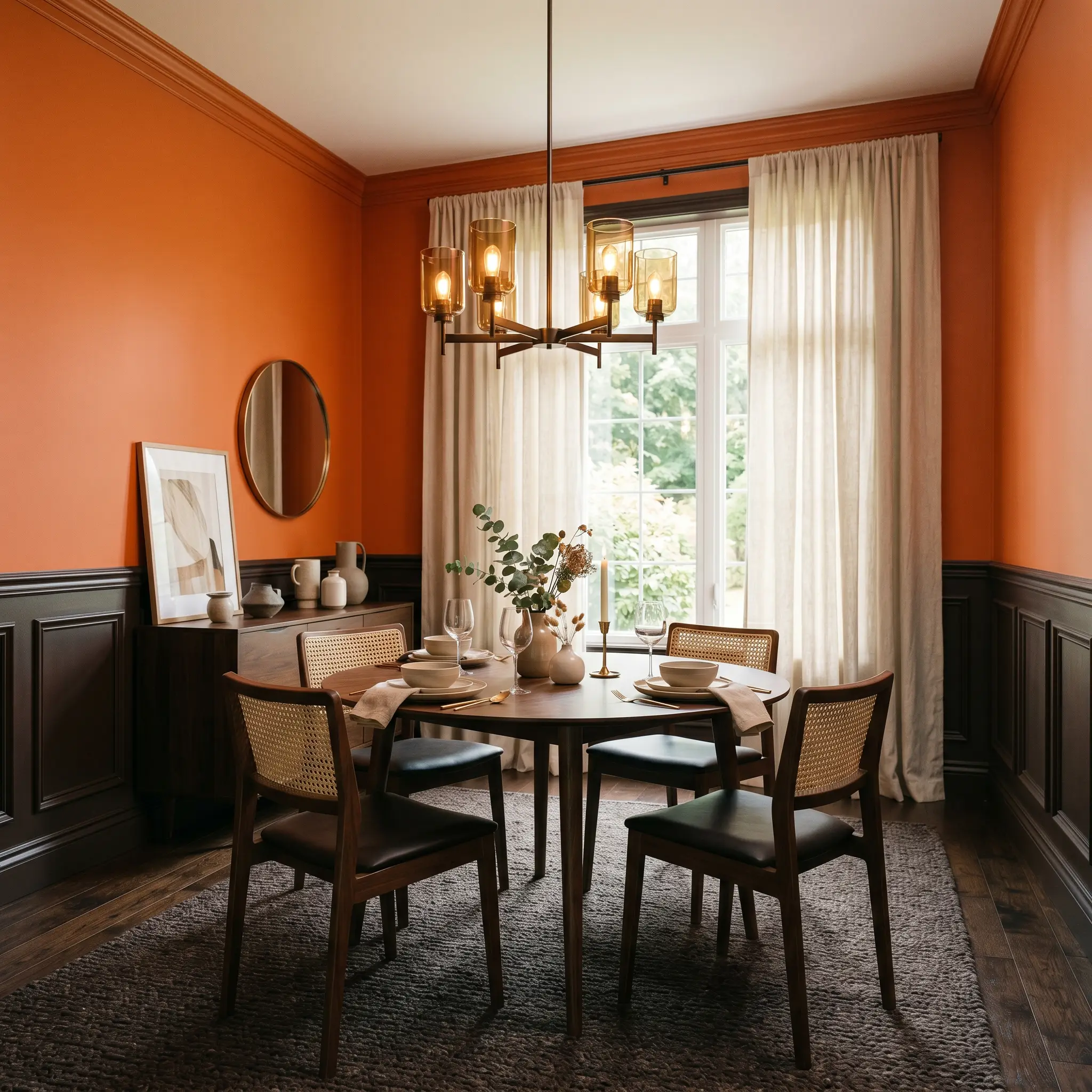 Unbleached oat Belgian linen drapery and a dark wool rug ground an intimate dining room featuring vivid warm orange walls above dark espresso wainscoting.