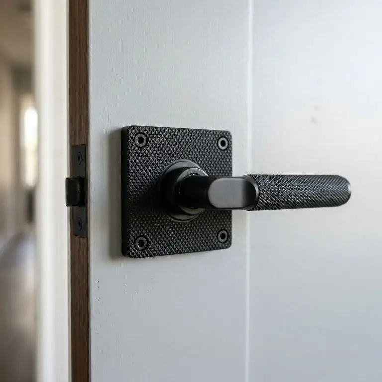 Macro shot of an oversized knurled matte black escutcheon plate and lever installed on a light gray solid-core door.