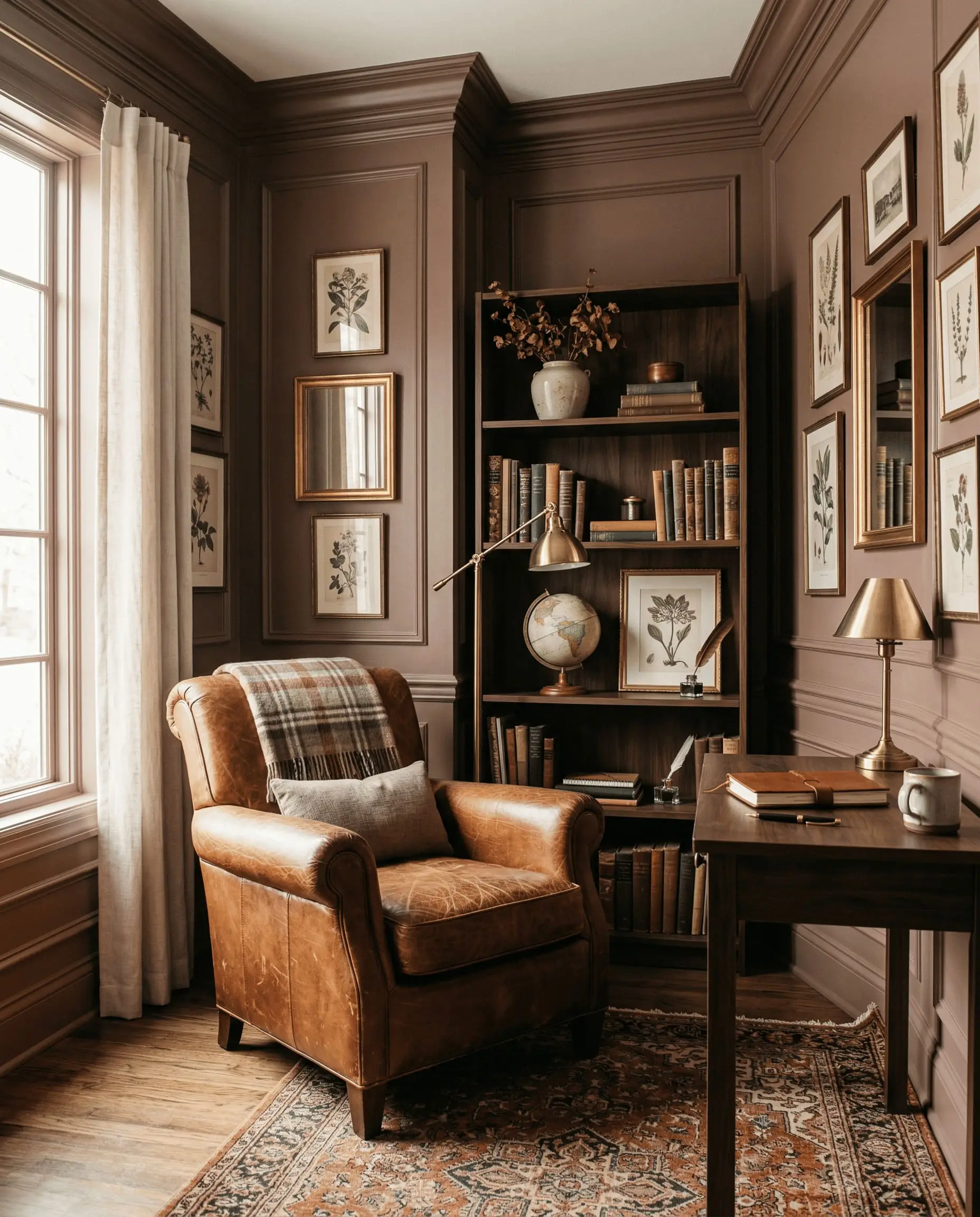 Soft warm light highlights architectural moldings, a leather armchair, and dark walnut shelving in a seamlessly painted dusty plum study corner.