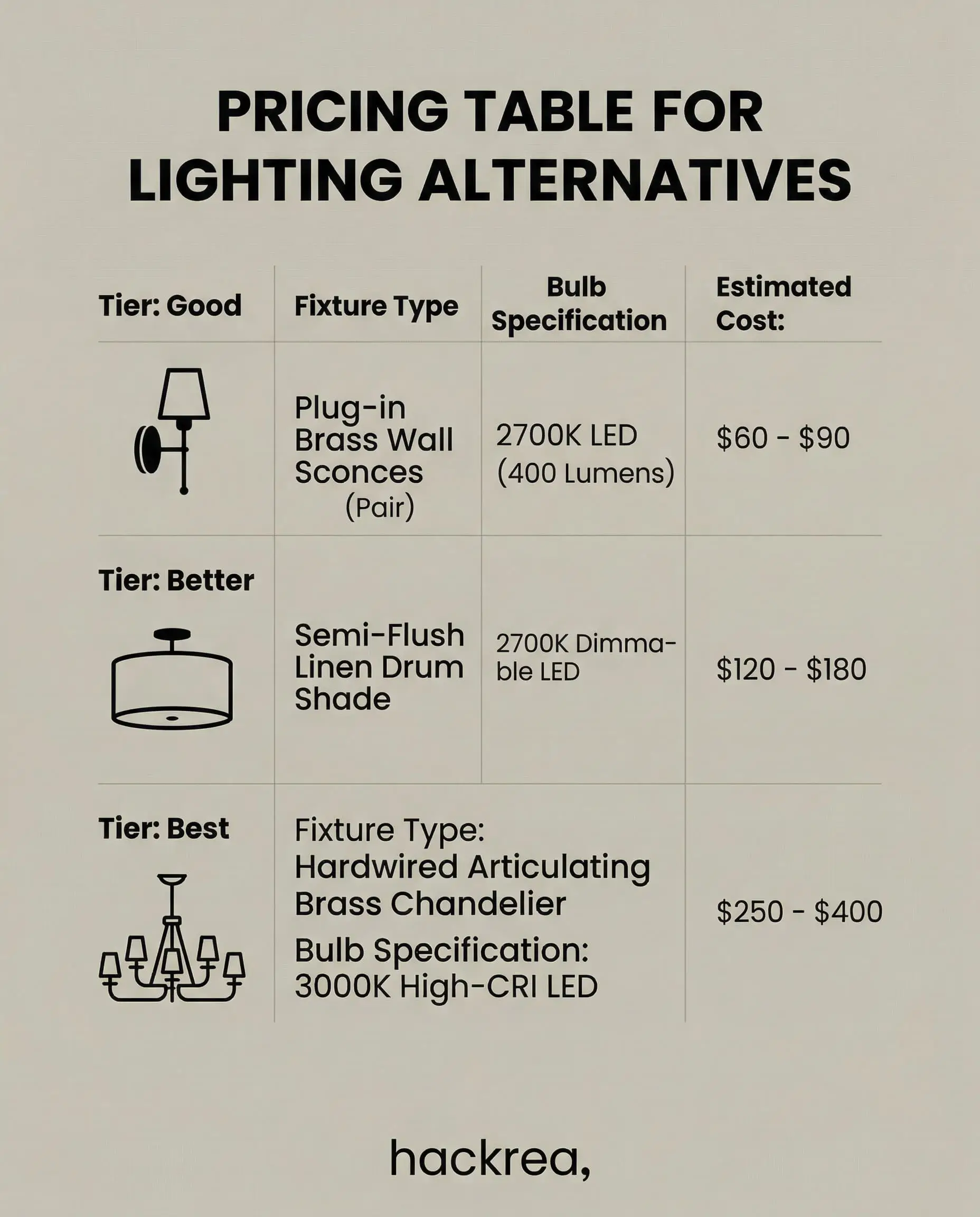 Infographic pricing table for lighting alternatives detailing fixture types, LED specifications including lumens and kelvins, and estimated costs.