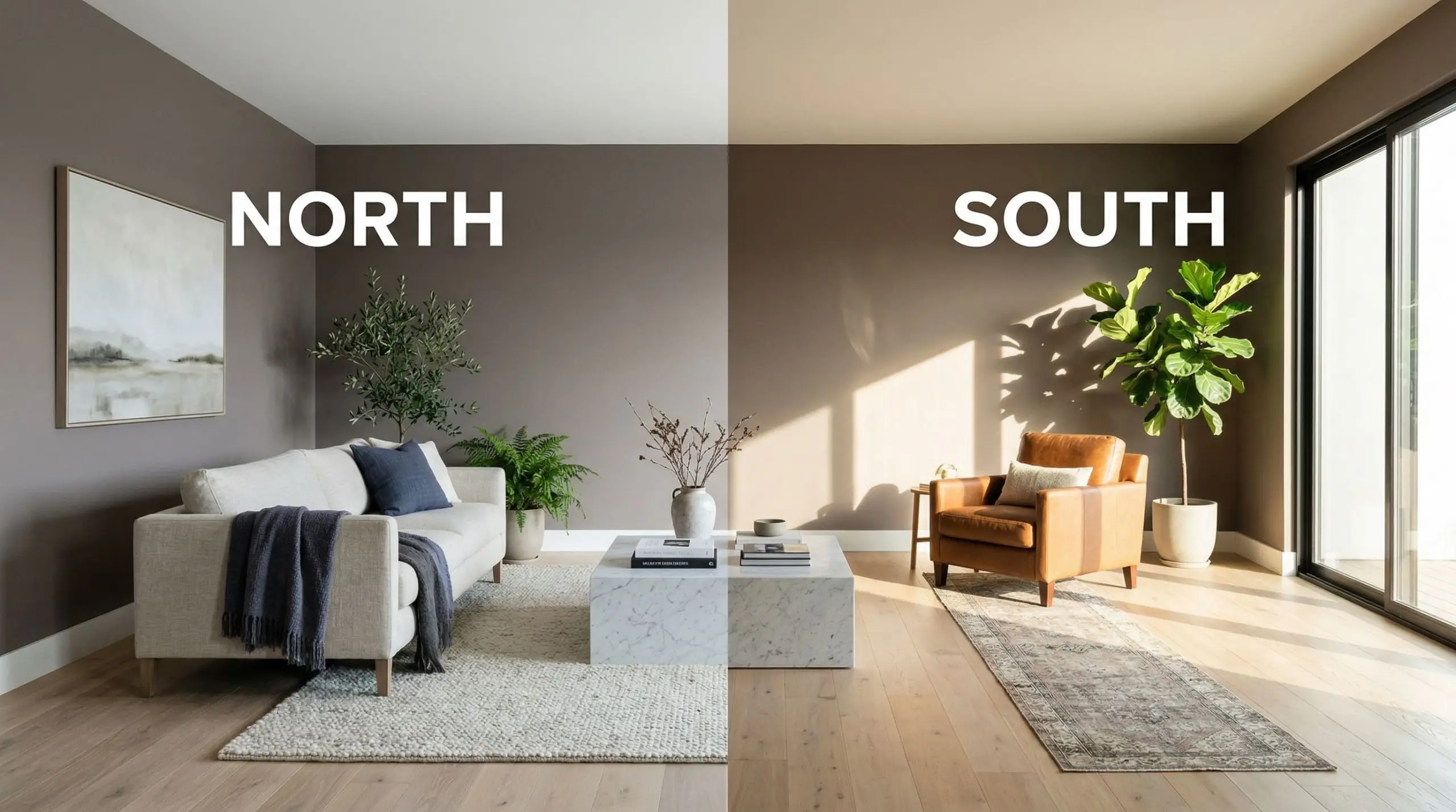 A seamless living room painted in Behr Curtain Call (Hex #70666A) shifts from a flat taupe-gray in cool Northern light to a warm, subdued rose-violet in direct Southern exposure.