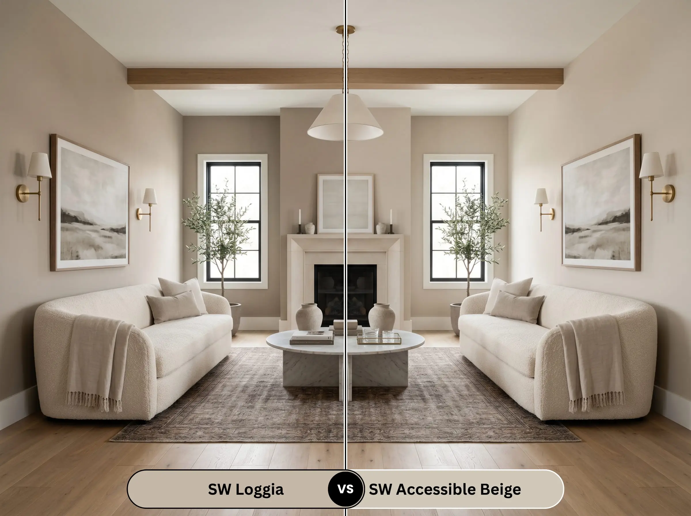 A split-screen comparison shows a transitional living room with a soft bouclé sofa, featuring Sherwin-Williams Loggia (Hex #C4B7A5) on the left and Accessible Beige on the right.