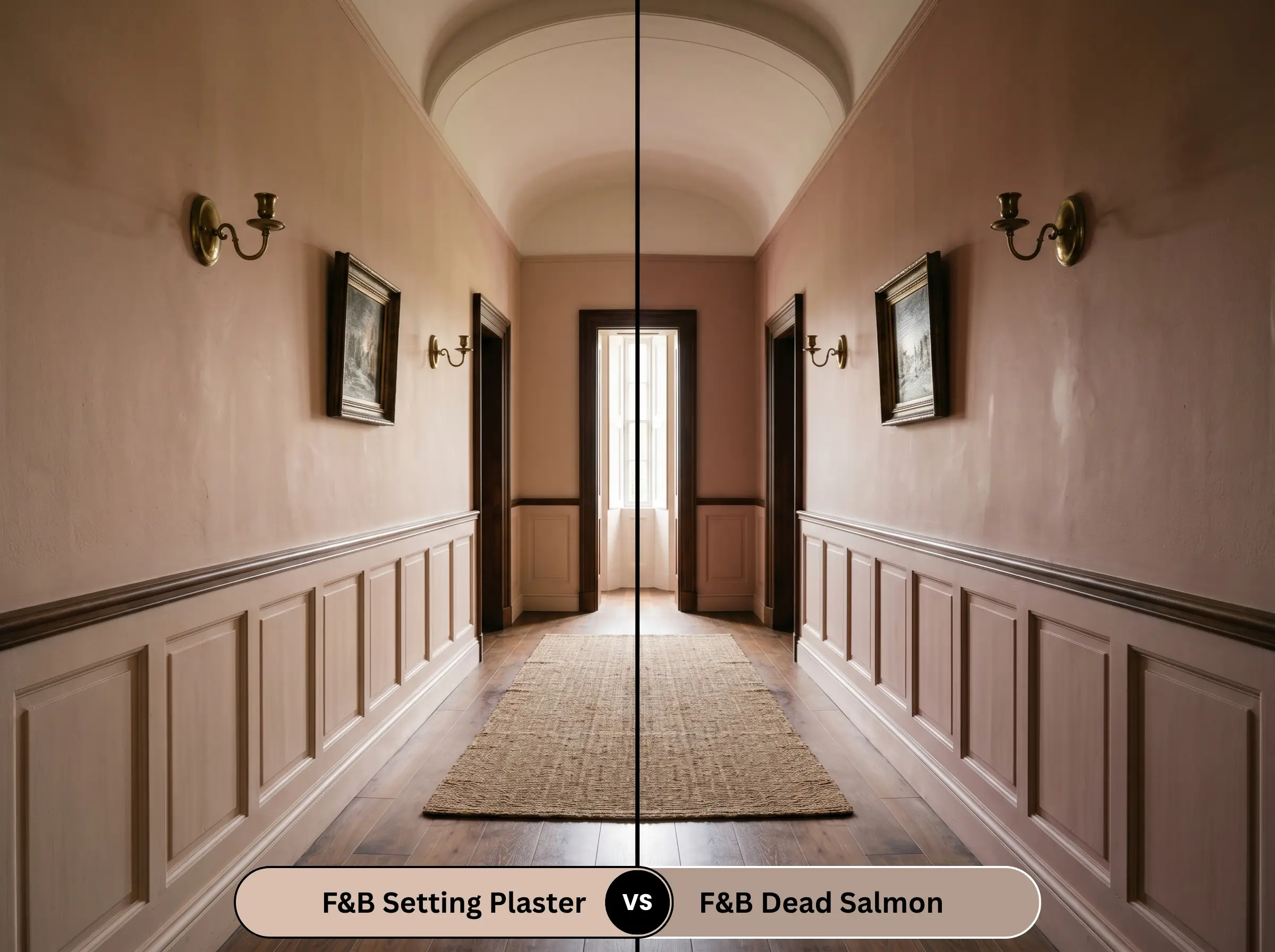 A split-screen low-light hallway features a warm, blushing wall on the left and a browner, mushroom-toned wall on the right above perfectly mirrored wainscoting and medium-dark walnut flooring.