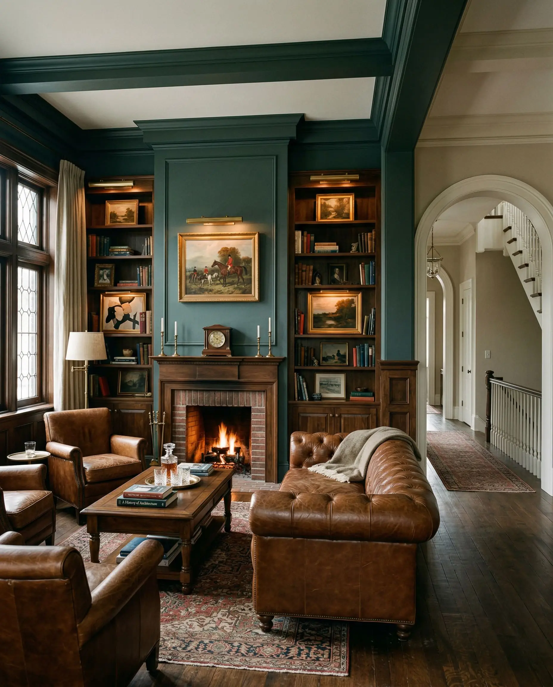 Rich natural walnut antique furniture and heavy cognac leather seating furnish a sophisticated masculine lounge wrapped in deeply saturated dark green walls.