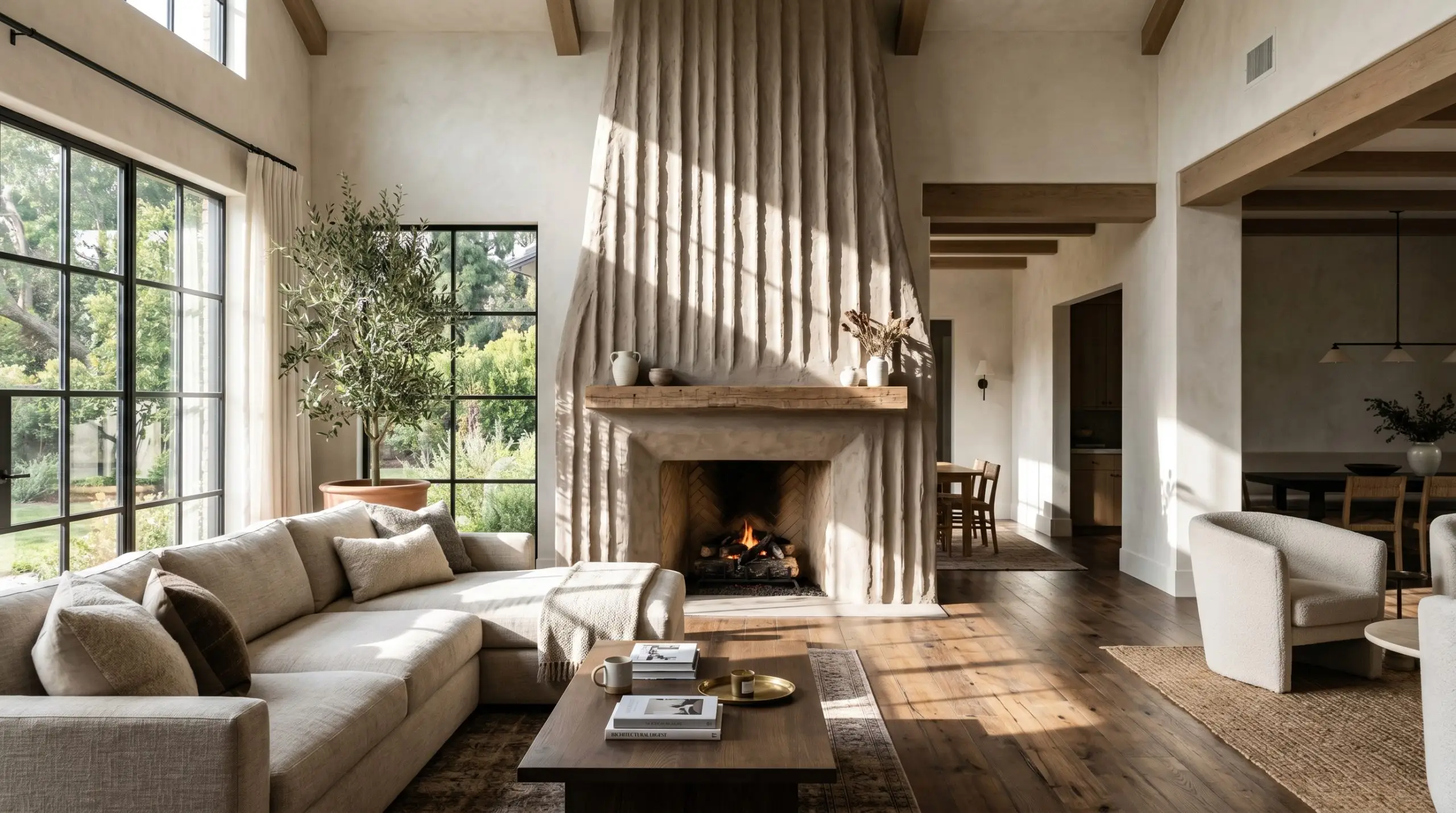 A massive Roman clay fireplace surround reveals earthy taupe textures beside an oatmeal linen sofa and smoked ash wood flooring.