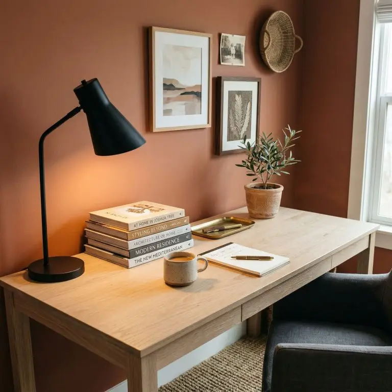 A matte black desk lamp illuminates a stack of design books on a pale white oak desk surface, set against a rich warm clay wall.