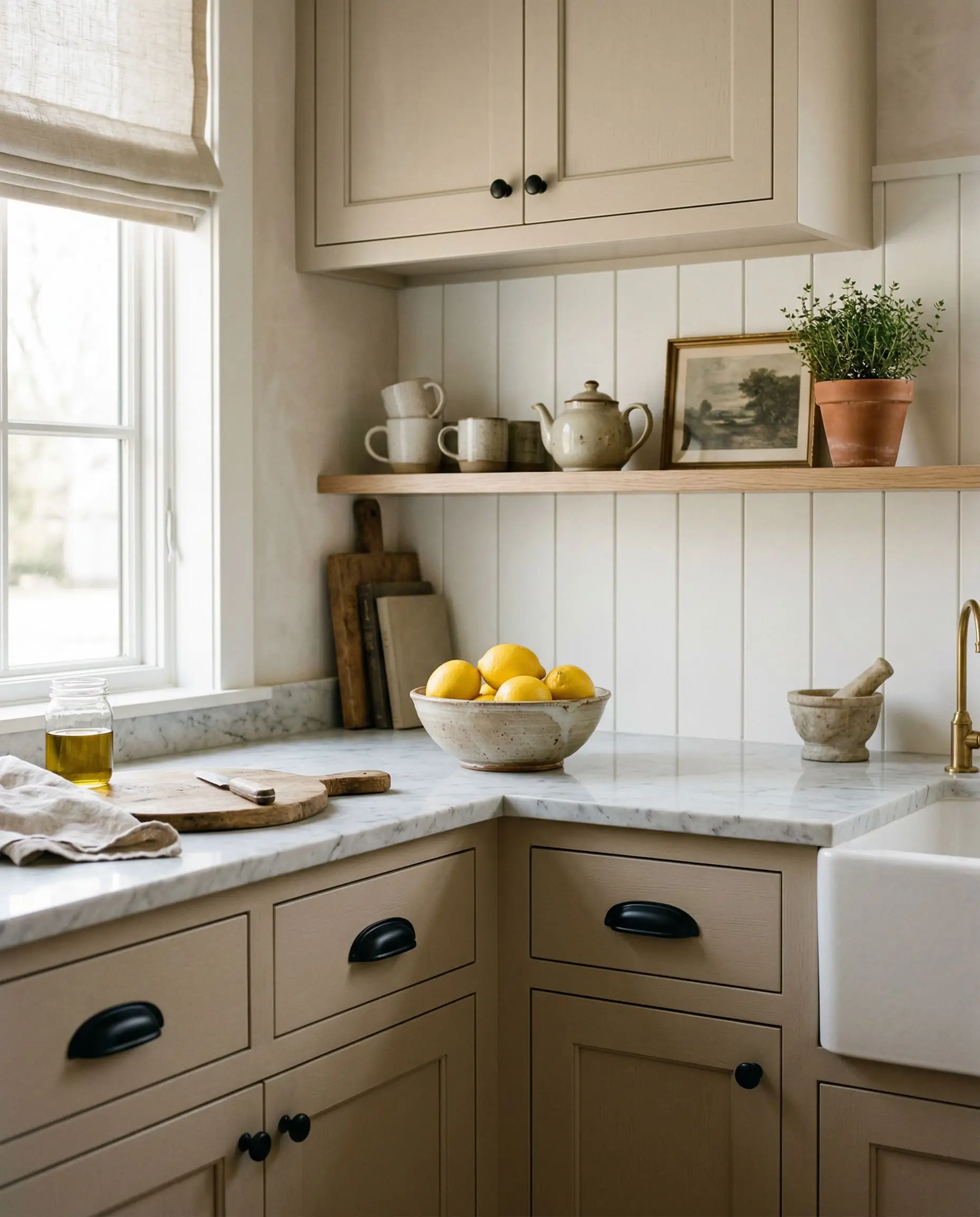 Soft natural daylighting highlights matte black drawer pulls on muted tan cabinetry, sitting just below honed Carrara marble countertops holding a ceramic bowl of lemons.