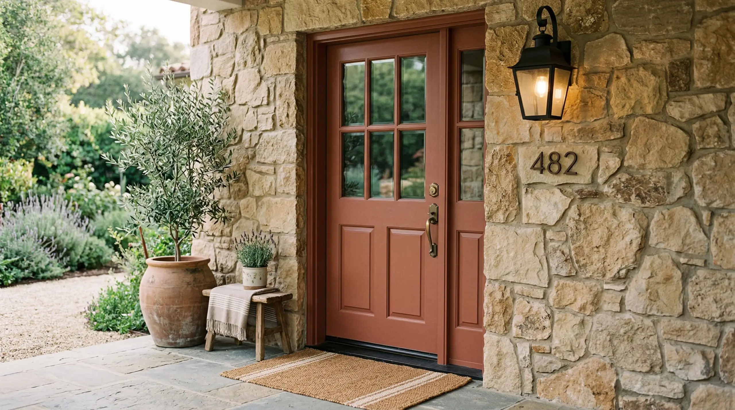 A matte black iron wall lantern hangs beside a terracotta painted door surrounded by heavily textured natural stone masonry.