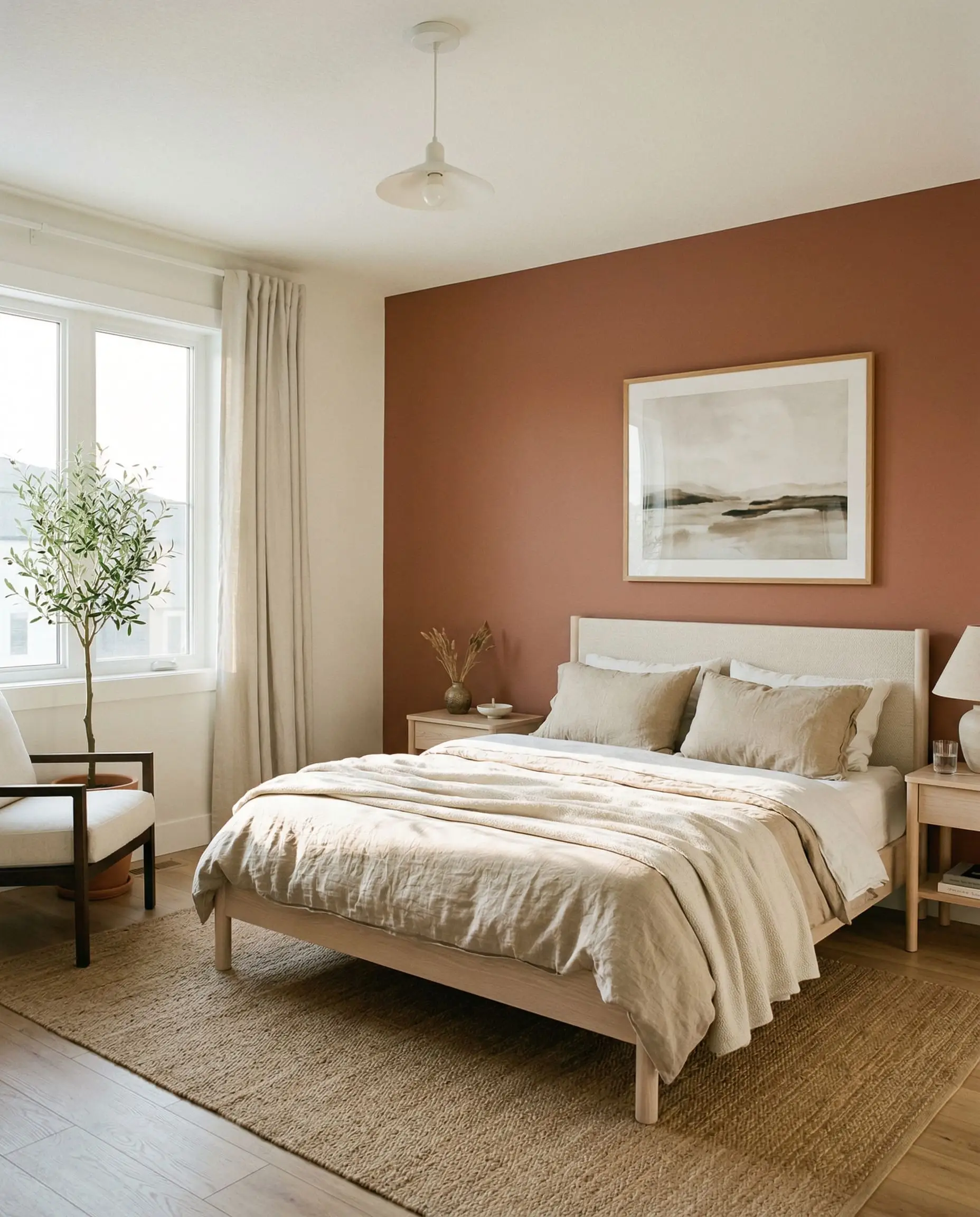 A pale white oak bed frame with oversized linen pillows sits against a striking accent wall painted in Sherwin-Williams Cavern Clay (Hex #AC6B53), surrounded by crisp white walls.