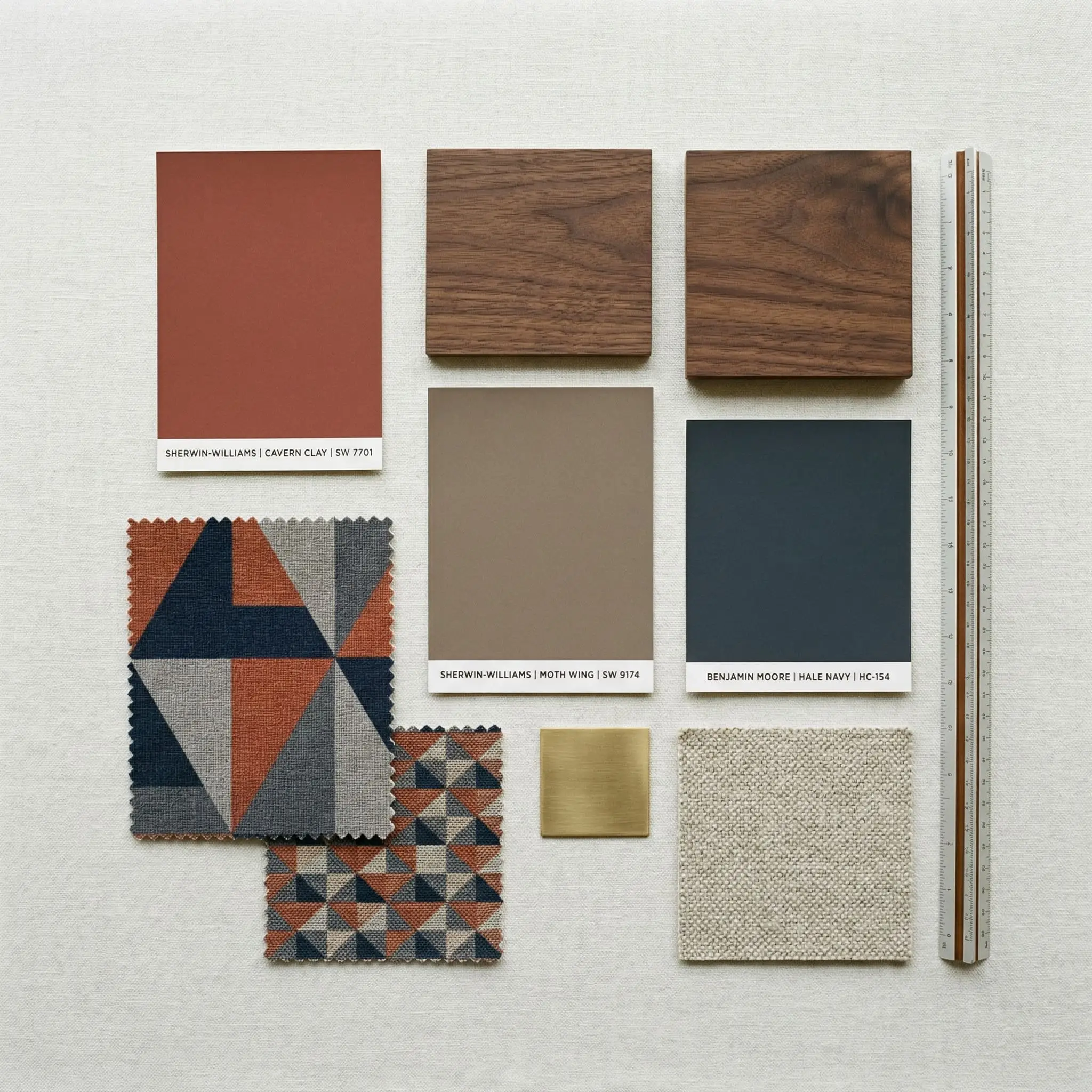 An architectural flat-lay features deep walnut wood samples, geometric rug fabric swatches, and painted color cards of Sherwin-Williams Cavern Clay (Hex #AC6B53), Moth Wing, and Hale Navy.