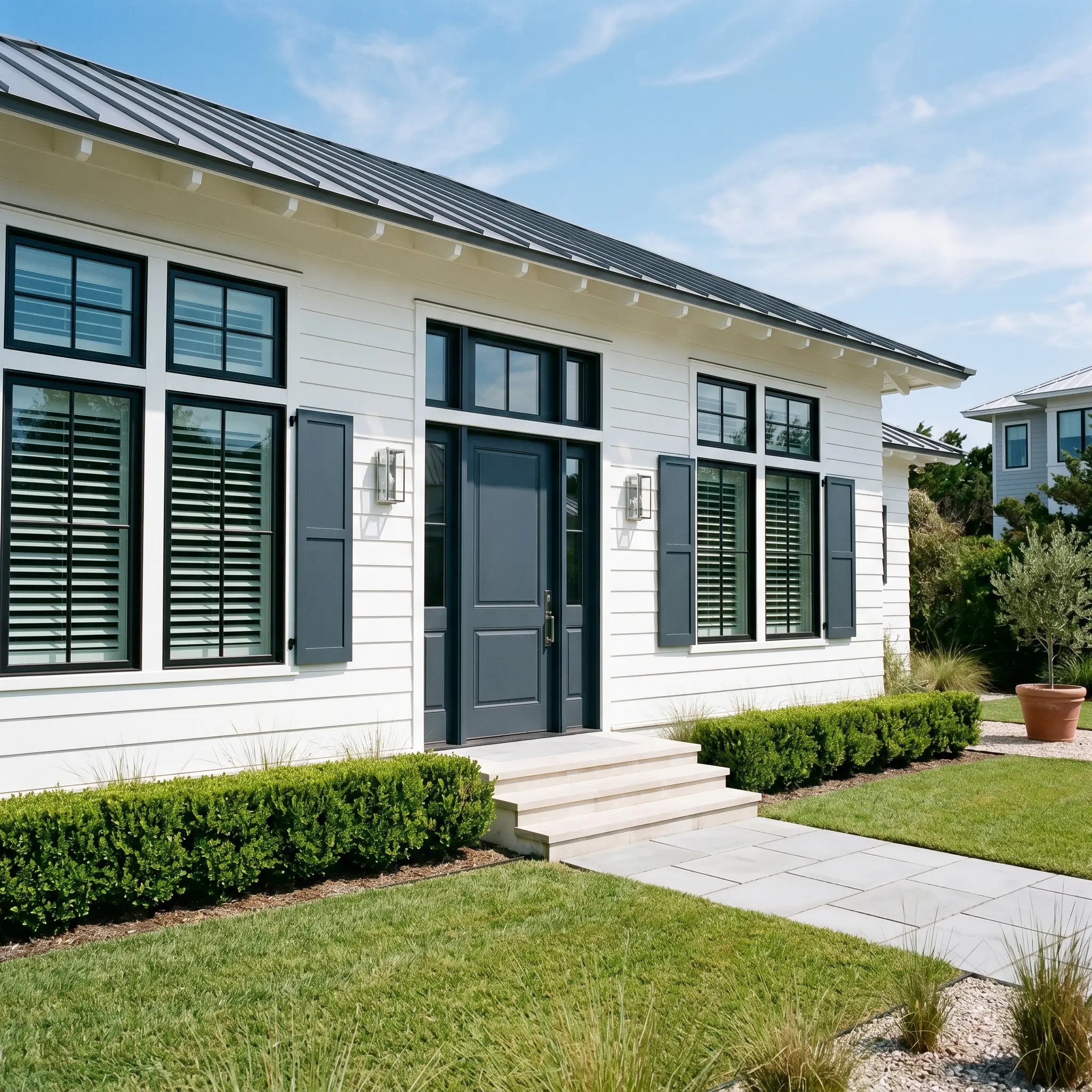 A home exterior facade features front door and window shutters painted in Sherwin-Williams Sea Mariner (Hex #434A54), contrasting against crisp white siding and a neat boxwood hedge.