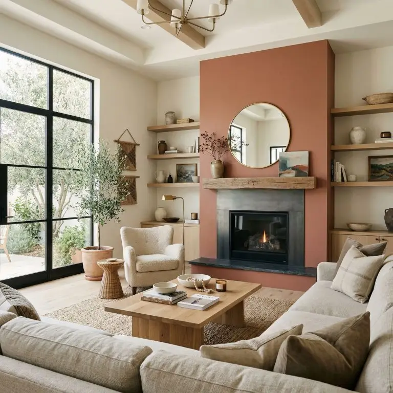 A neutral linen sectional and white oak coffee table sit before a striking fireplace accent wall painted Behr PPU2-12 against creamy surrounding walls.