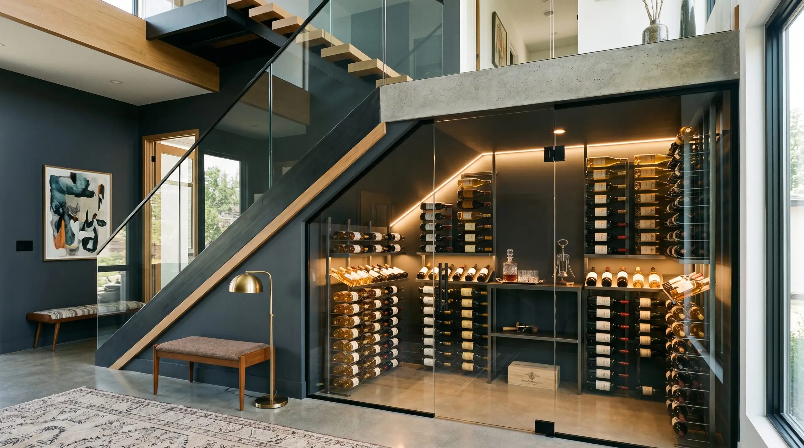 A modernist glass-enclosed wine vault under stairs features interior walls and shelving painted in Benjamin Moore Deep Space illuminated by warm LED strip lighting.
