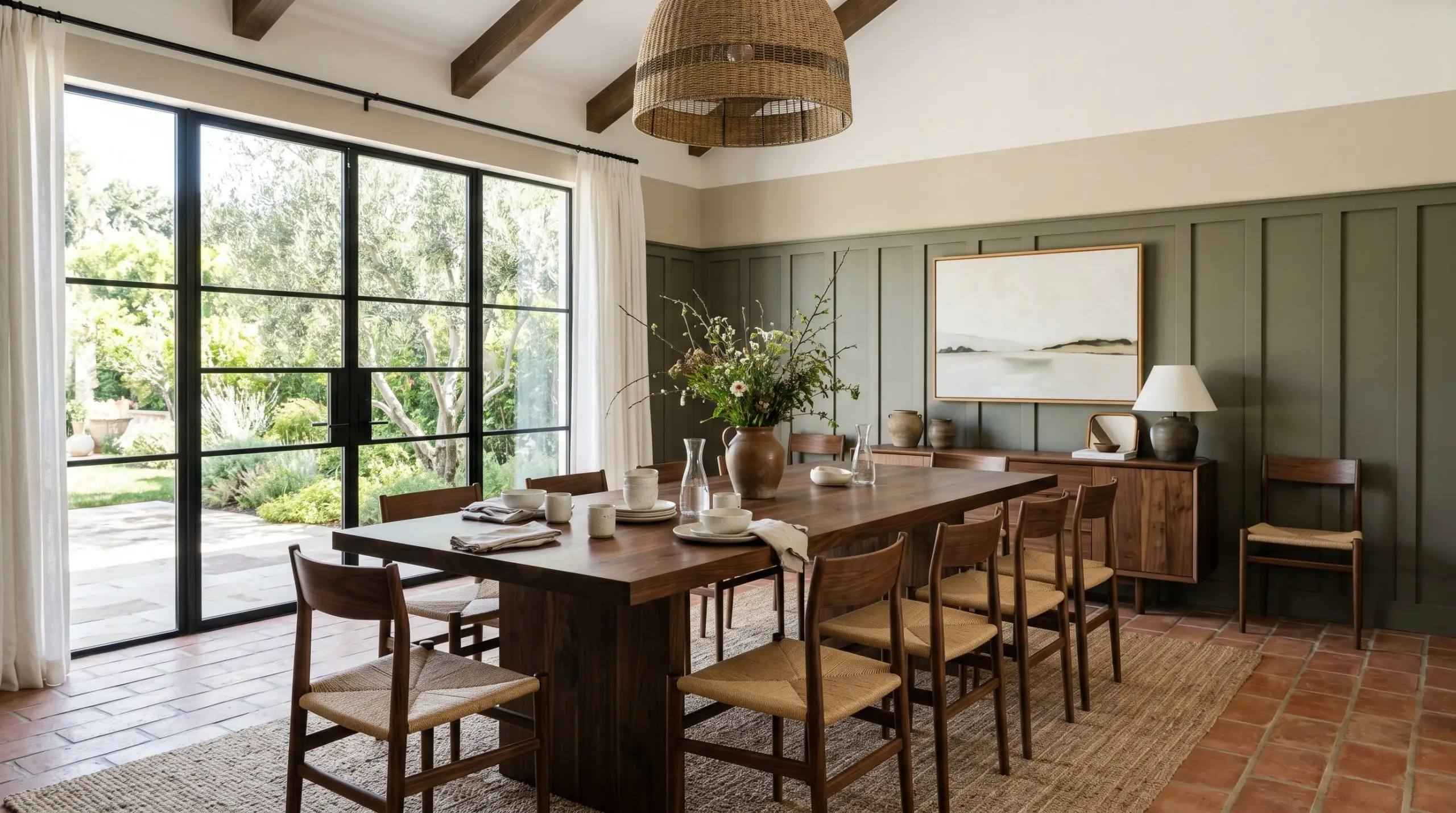 Tall board-and-batten wainscoting painted in Benjamin Moore Mohegan Sage grounds a dining space featuring upper walls in Grant Beige, terracotta floor tiles, and a dark walnut table.