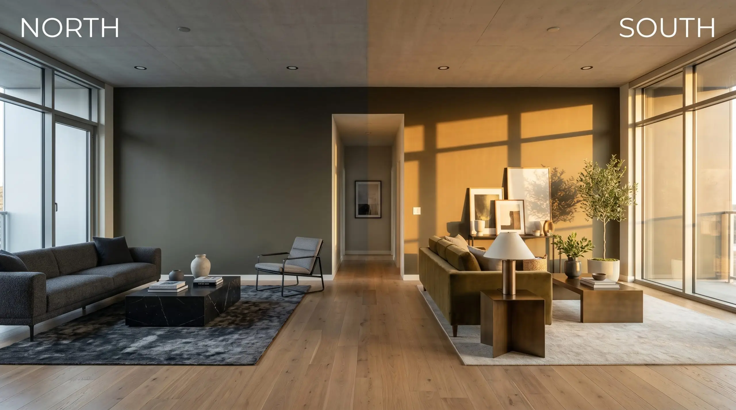 A side-by-side split-screen comparison of a living room shows the paint shifting from a stark charcoal-olive in cool Northern light to revealing rich bronze undertones in warm Southern exposure.