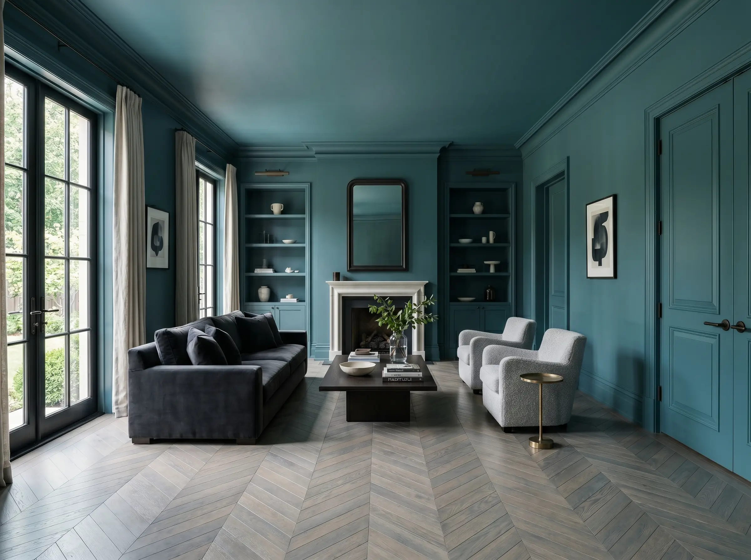 Tall baseboards, heavy crown molding, and interior doors are painted seamlessly in Farrow & Ball Vardo (Hex #427f83) behind a deep charcoal mohair sofa.