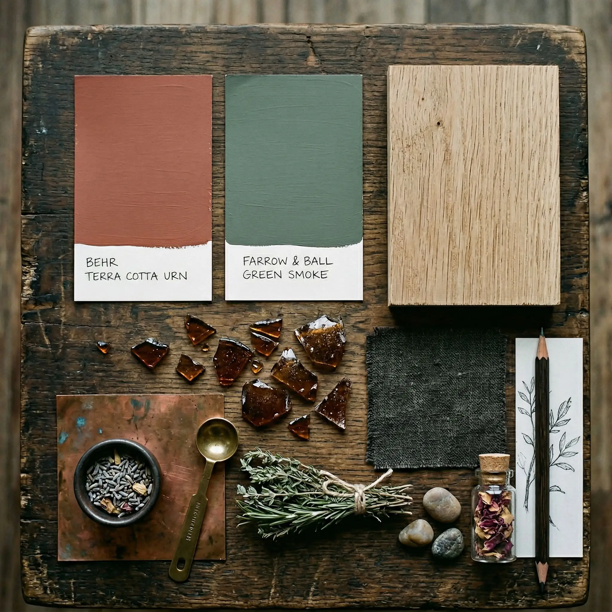 Natural white oak wood and amber glass fragments are styled alongside color cards of Behr PPU2-12 and a muted historical green.