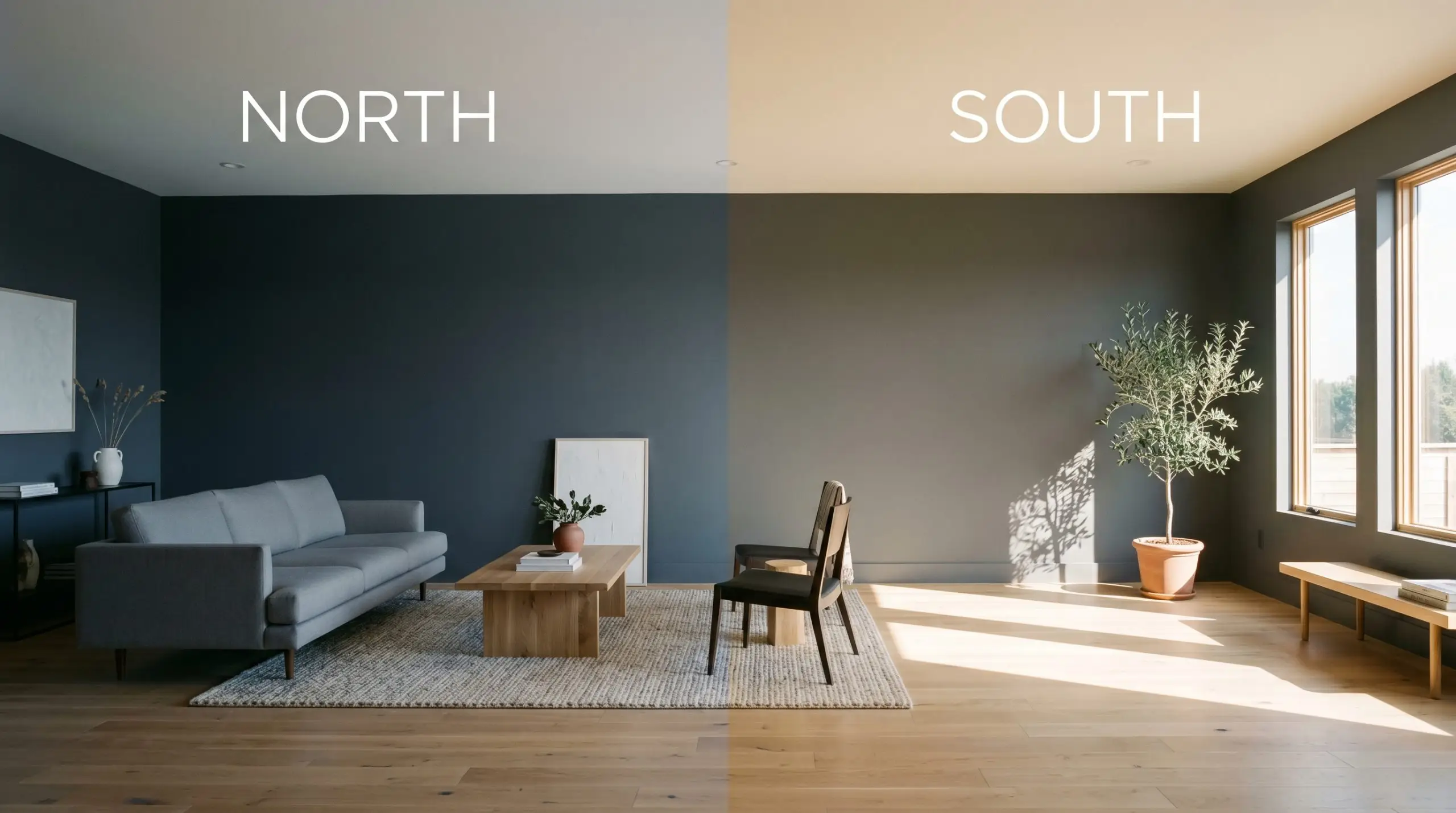 A continuous modern living room wall painted in Benjamin Moore Deep Space shifts from slate-navy in cool Northern light to a soft dark gray in warm Southern exposure.