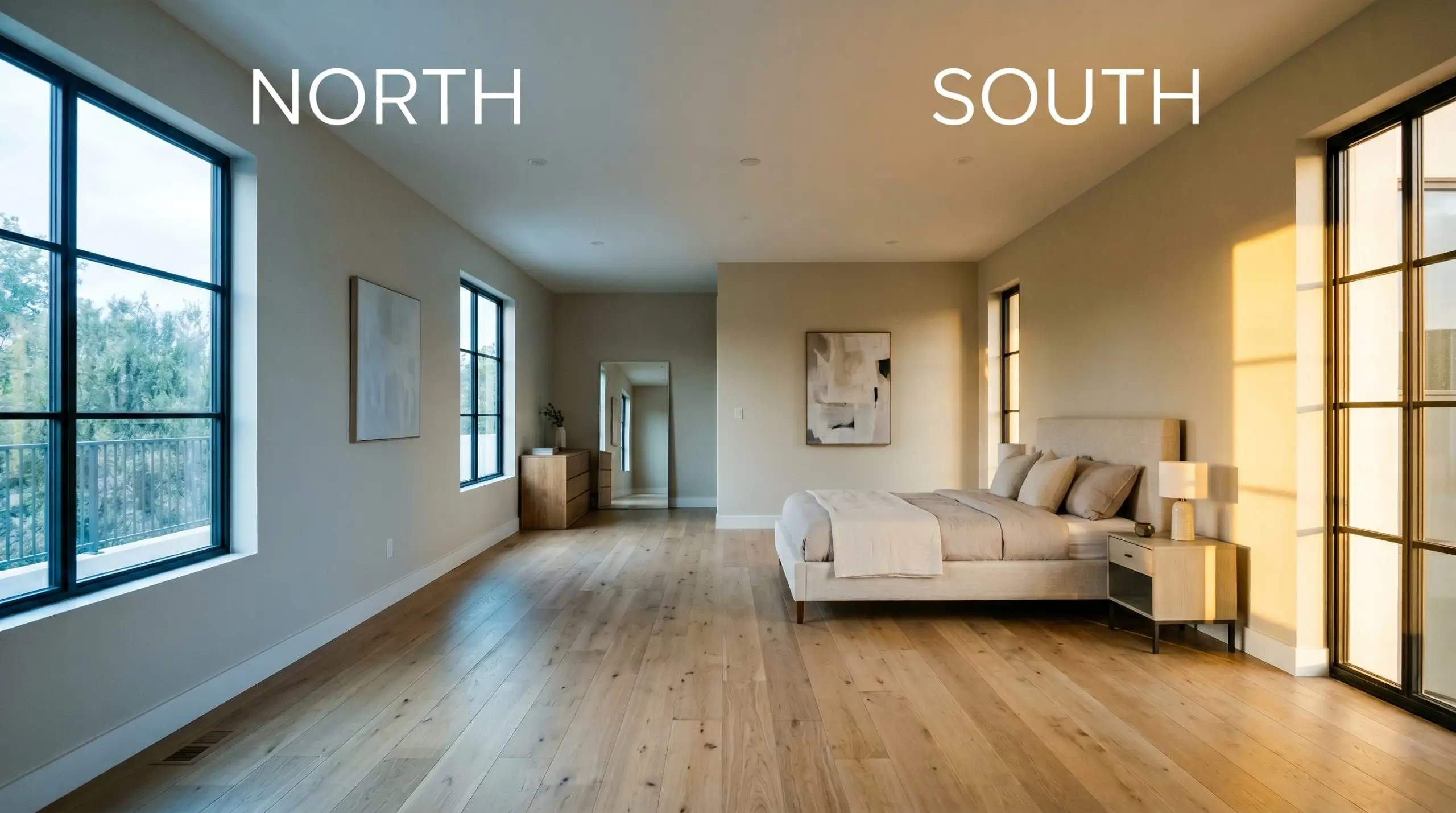 A split-screen bedroom demonstrates a color temperature shift, transitioning from a cool chromatic gray in northern natural light to a warm sage in southern exposure.