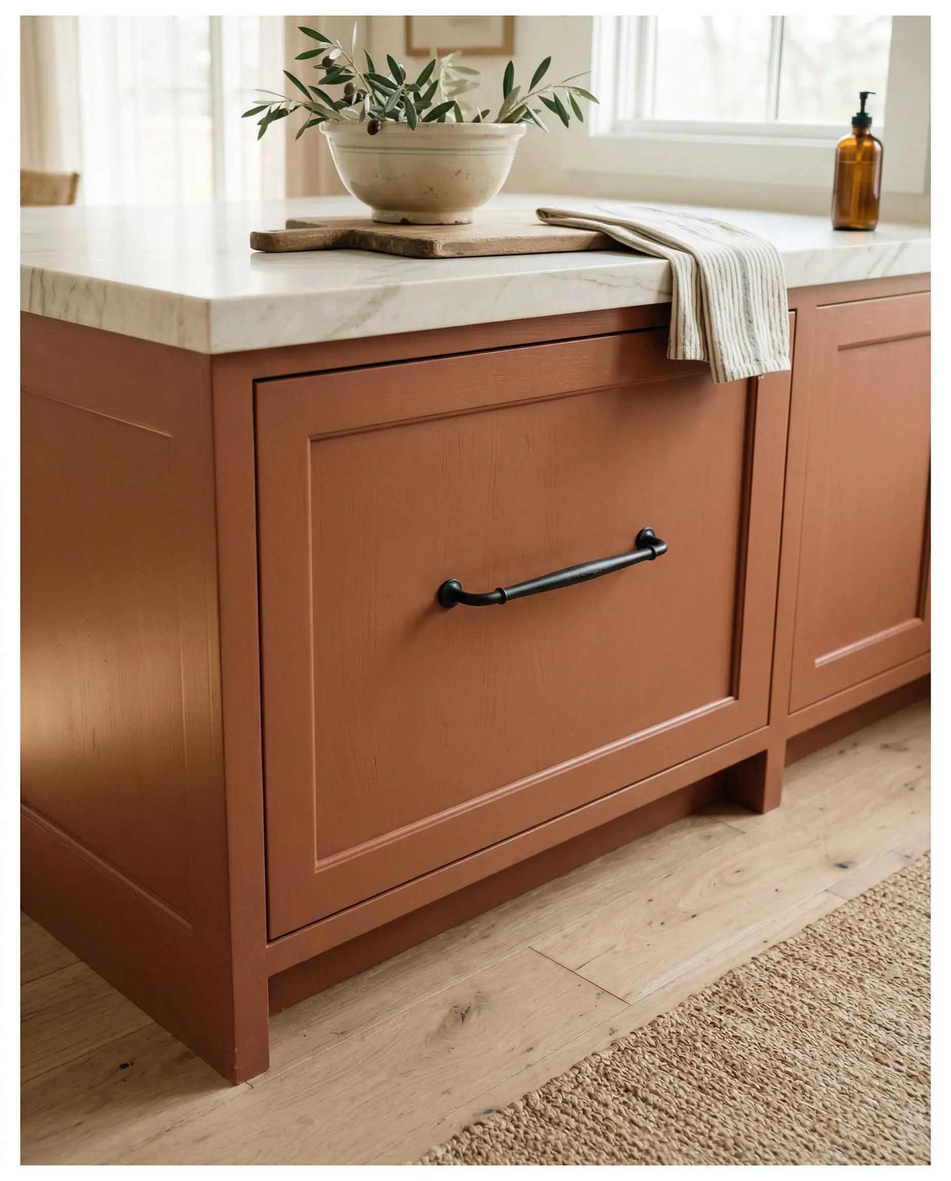 Warm natural light highlights the muddy rust undertones of an earthy kitchen island base, accented by sleek matte black hardware and pale white oak flooring below.
