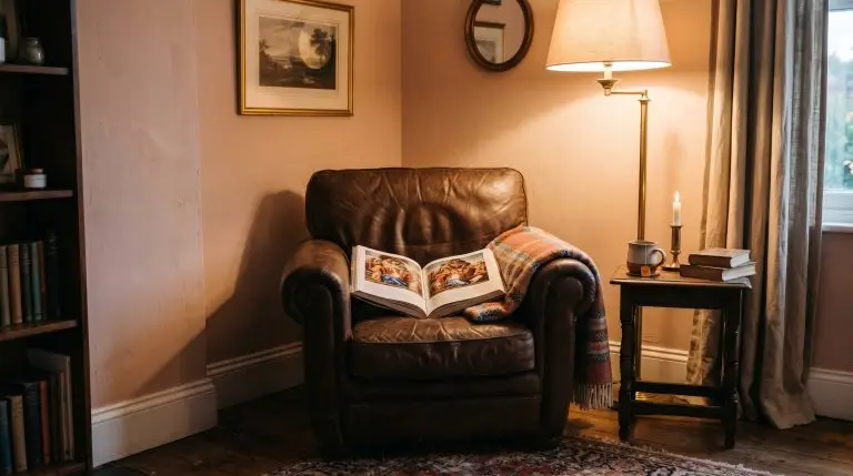 An open art book rests on a muddy chocolate brown armchair situated in a moody traditional living room corner with a warm historic pink background.