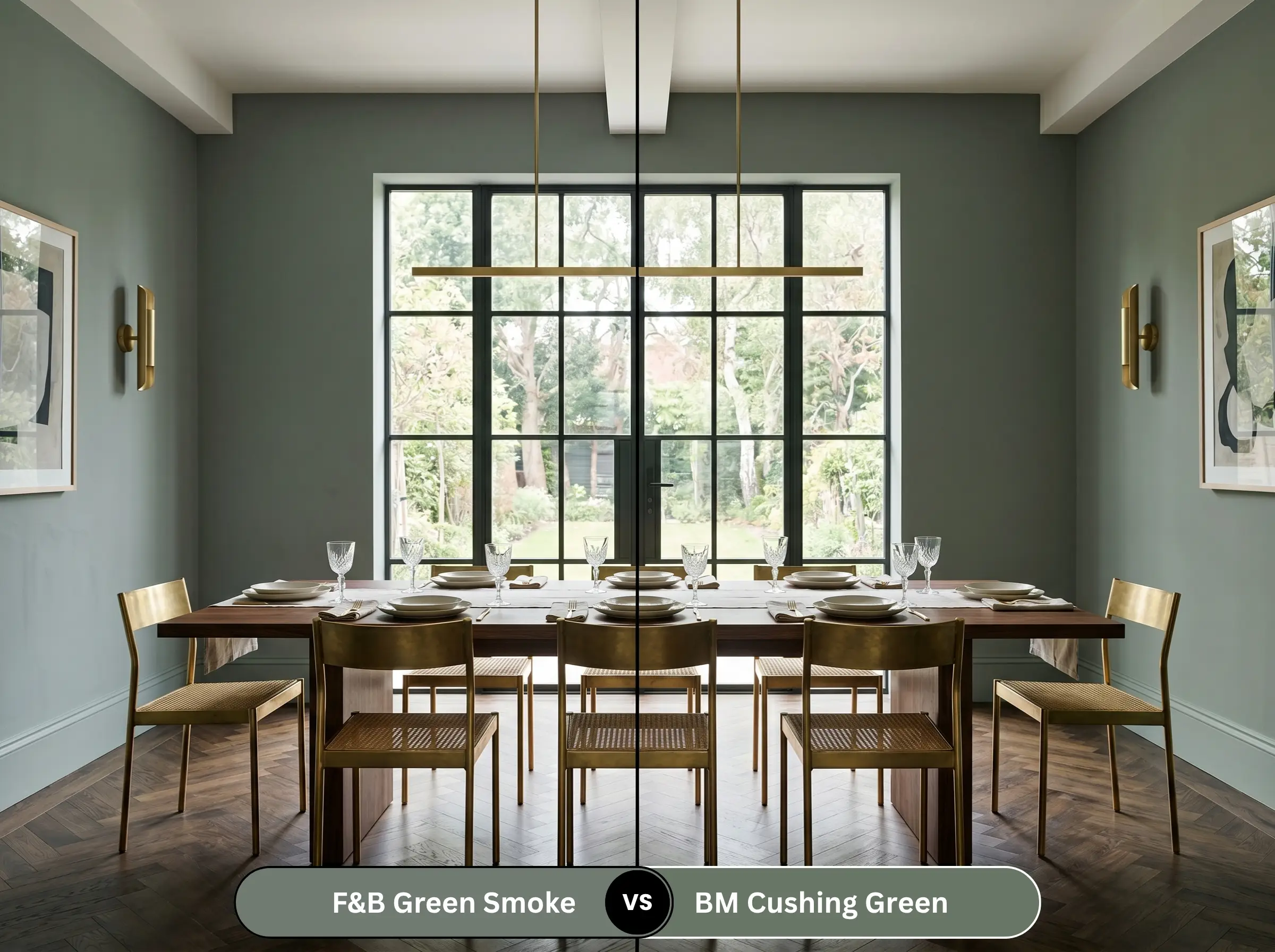 A split-screen formal dining room contrasts a muted, chalky slate-green wall on the left against a vibrant, synthetic forest green on the right.