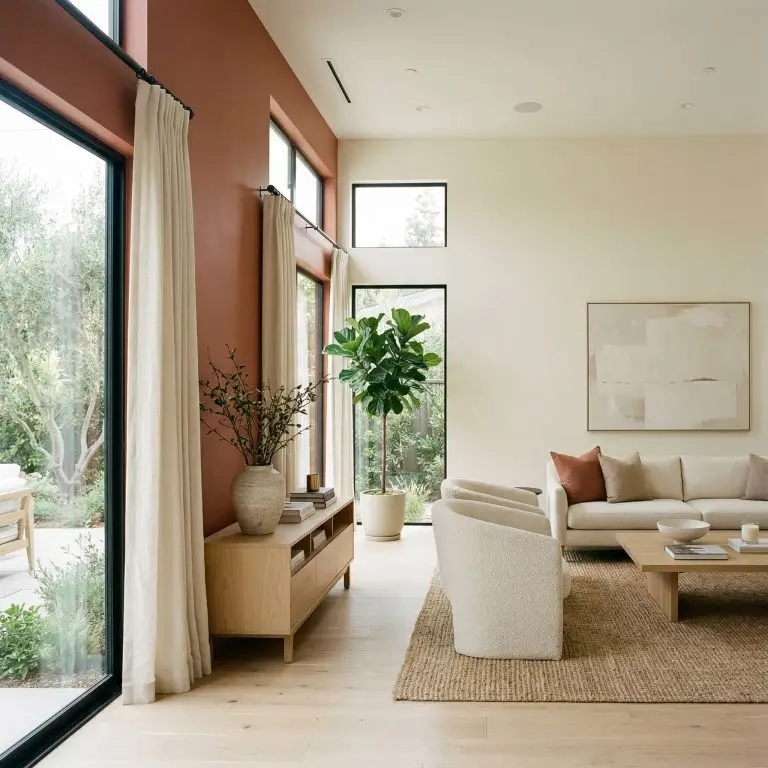 Floor-to-ceiling windows framed by a muted orange accent wall are softened by cream drapery alongside a white oak console table.