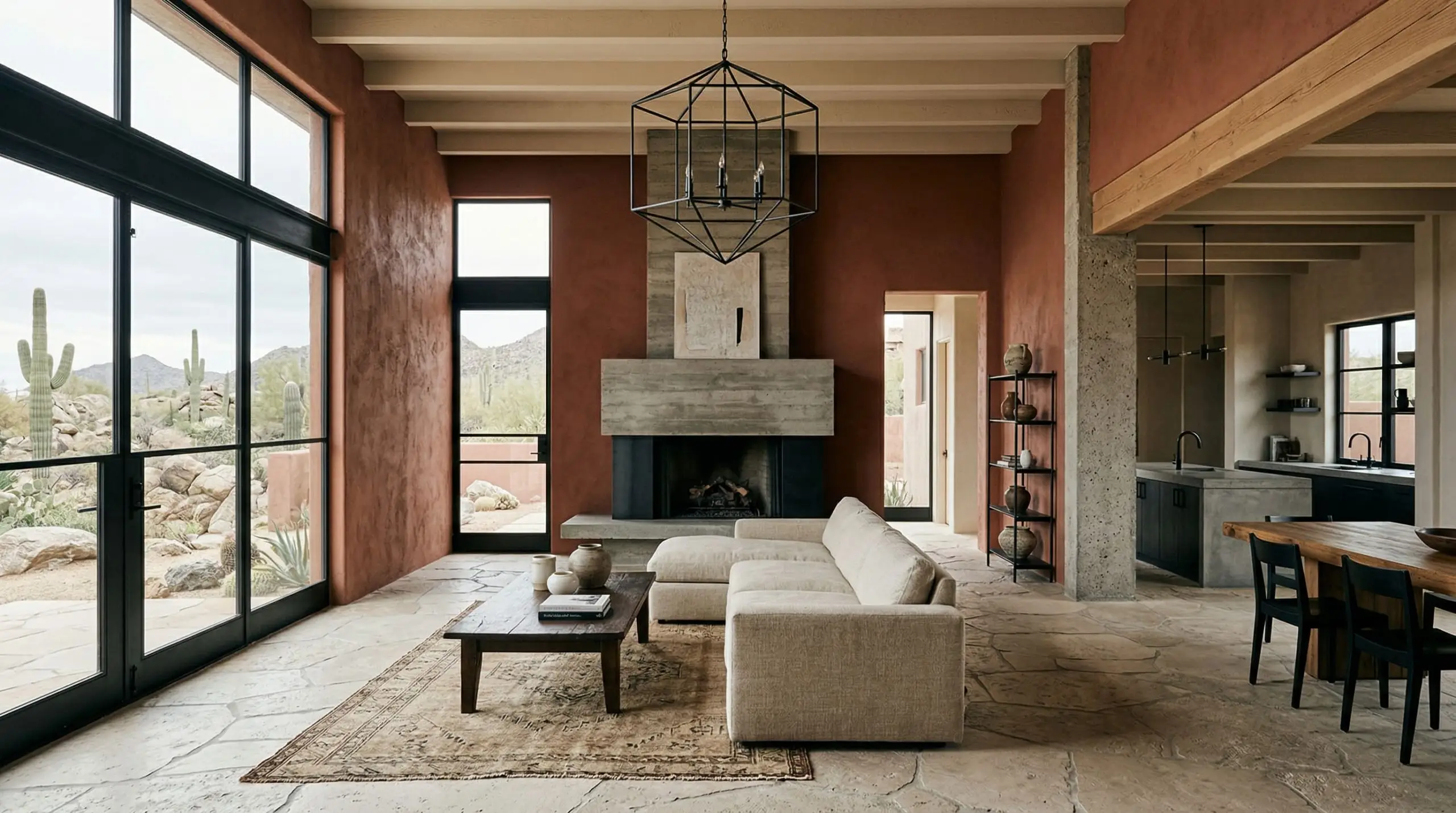 Geometric matte black iron fixtures hang beneath a light ceiling in a minimalist living space featuring muted orange walls and raw travertine stone floors.