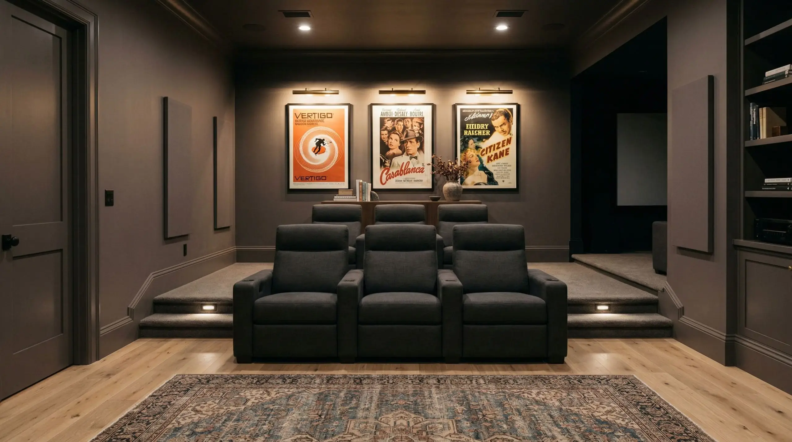 Brass picture lights illuminate a vintage rug and neutral white oak flooring in a home theater featuring deep taupe-gray walls.