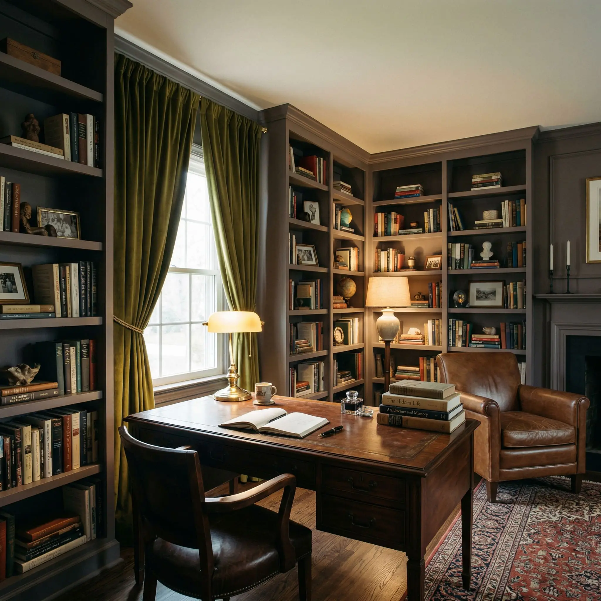 Floor-to-ceiling bookcases painted in a deep plum-gray surround an antique mahogany desk and olive-green velvet curtains in a dark academia office.