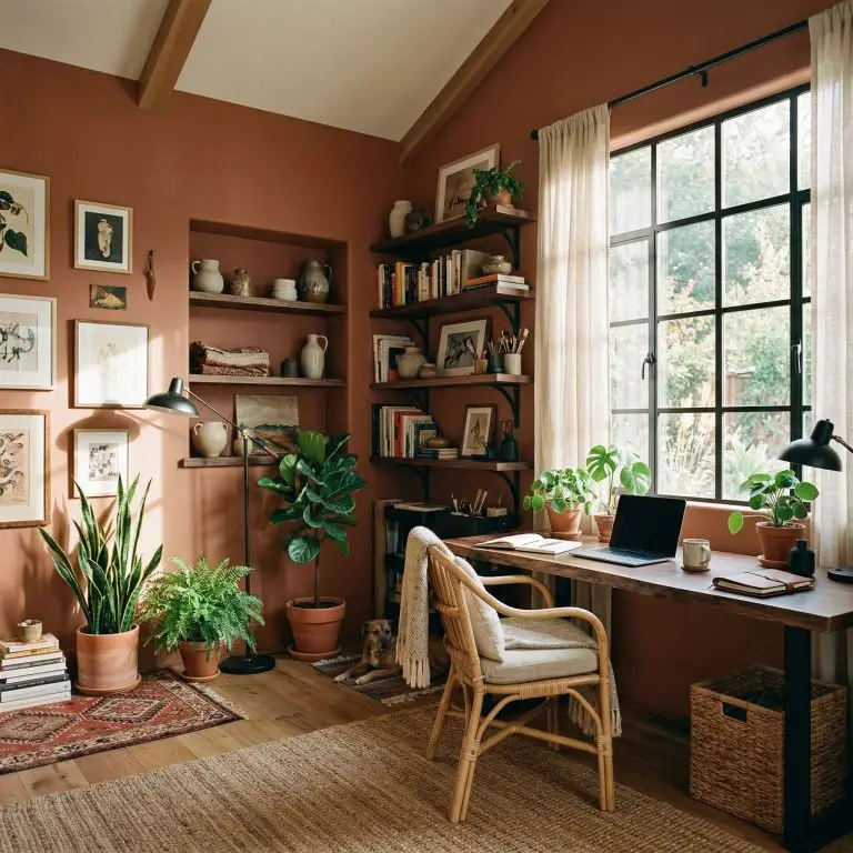 South-facing sunlight streams into a creative workspace featuring a natural rattan chair, dark walnut shelving, and vibrant earthy rust walls.