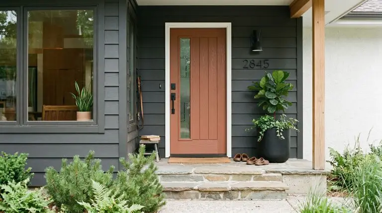 A vibrant terracotta door framed by dark charcoal gray exterior siding features a matte black handle and natural stone masonry steps in bright natural sunlight.