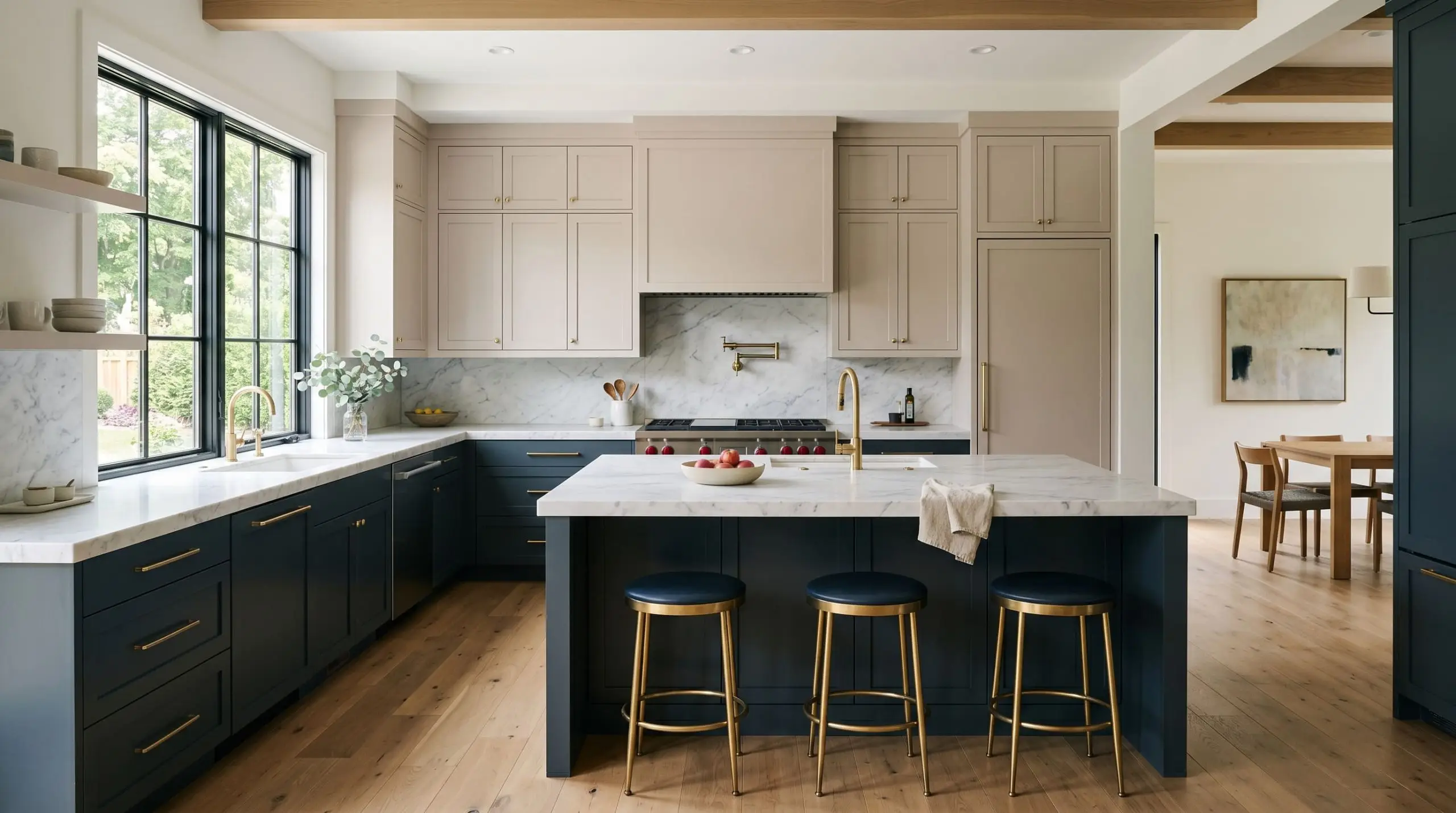 A stunning two-toned kitchen pairs deeply saturated navy blue lower cabinets with luminous upper cabinetry painted in Behr Mocha Ice (Hex #dfd2ca).