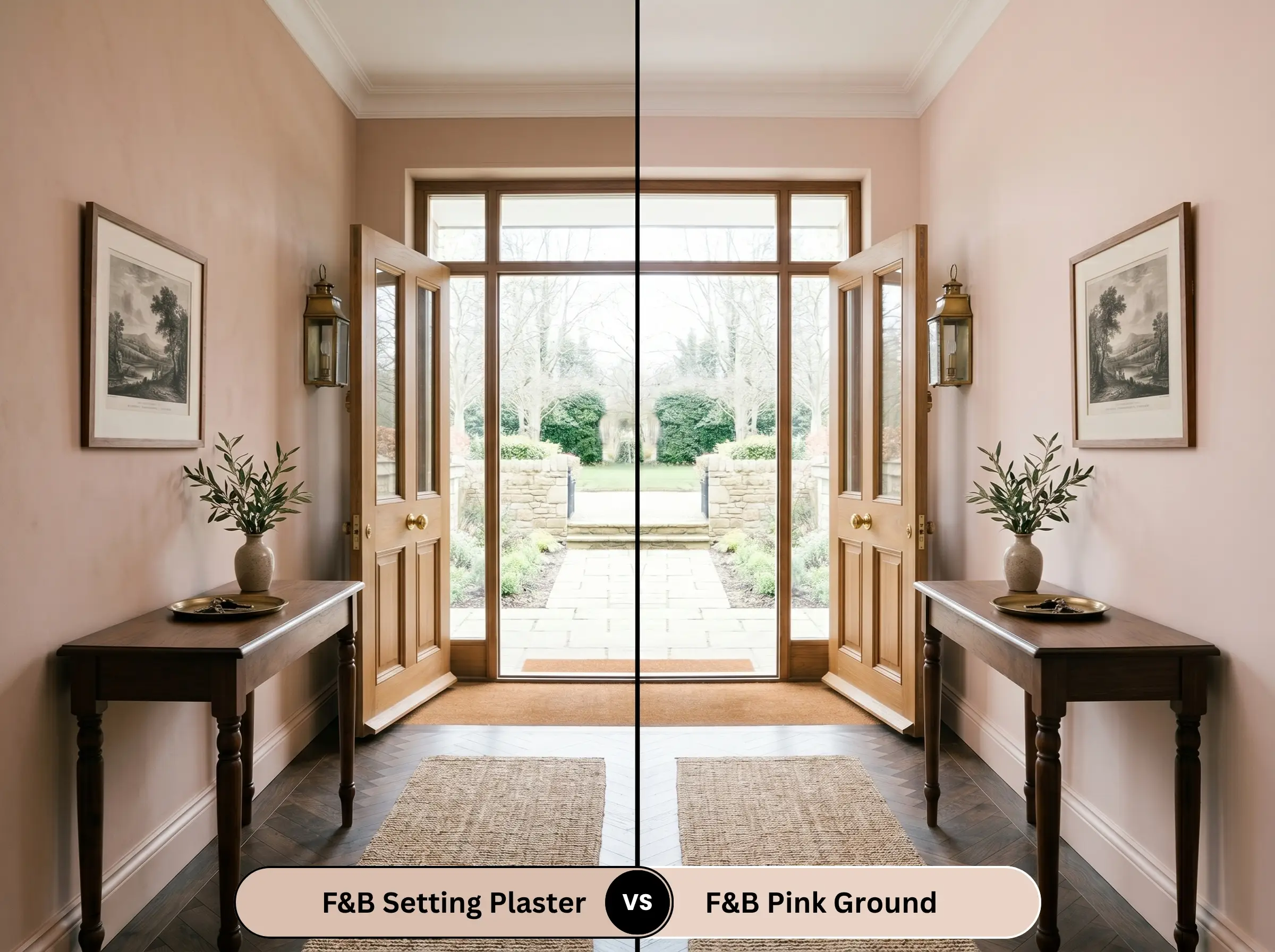 A split-screen North-facing entryway compares a muted, earthy pink wall on the left against a noticeably lighter, cleaner pink on the right behind a perfectly mirrored dark walnut console table.