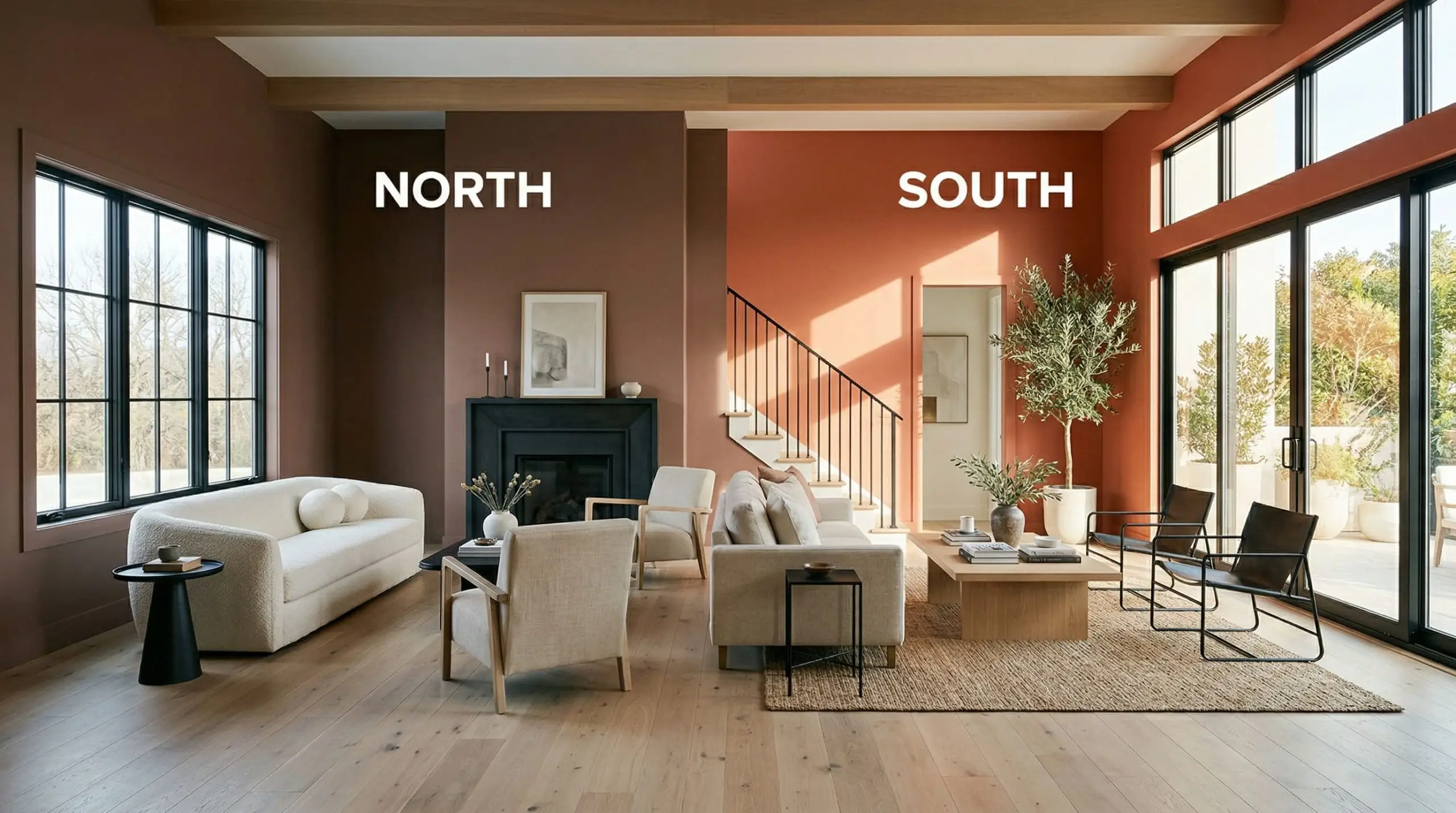 Cool Northern light pulls forward heavy brown undertones on the left, while warm Southern exposure amplifies the red-orange base of Behr Terra Cotta Urn (Hex #b06f60) on the right.