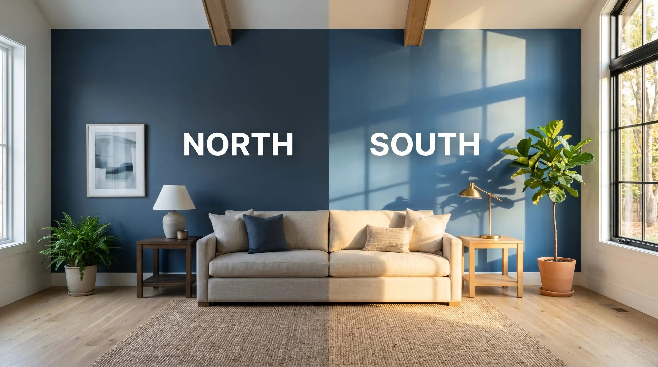 A split-screen living room shifts from a stormy, cool-toned navy in North-facing light to a rich maritime blue in warm South-facing exposure.