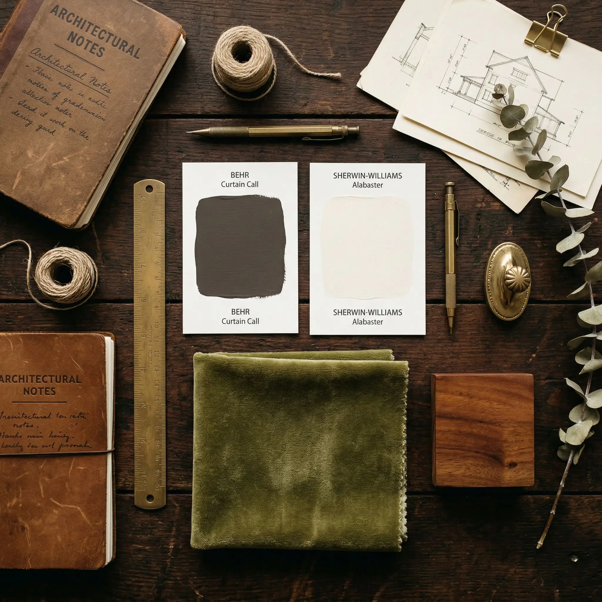 An architectural flat-lay combines olive-green velvet fabric, antique mahogany wood, and brass accents against a dark taupe-gray painted card.