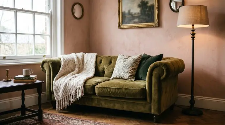 A textured throw blanket drapes across an olive green velvet sofa positioned next to a dark oil-rubbed bronze floor lamp and a dusty pink wall.