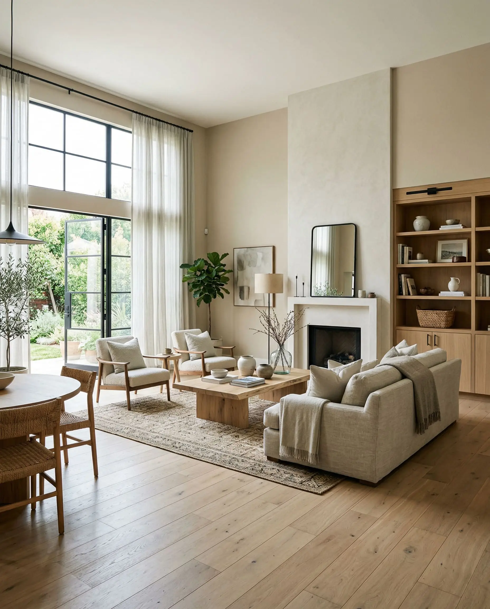 Bright natural daylighting illuminates an organic modern living space featuring white oak flooring, matte black hardware accents, and soft textiles in muted green tones.