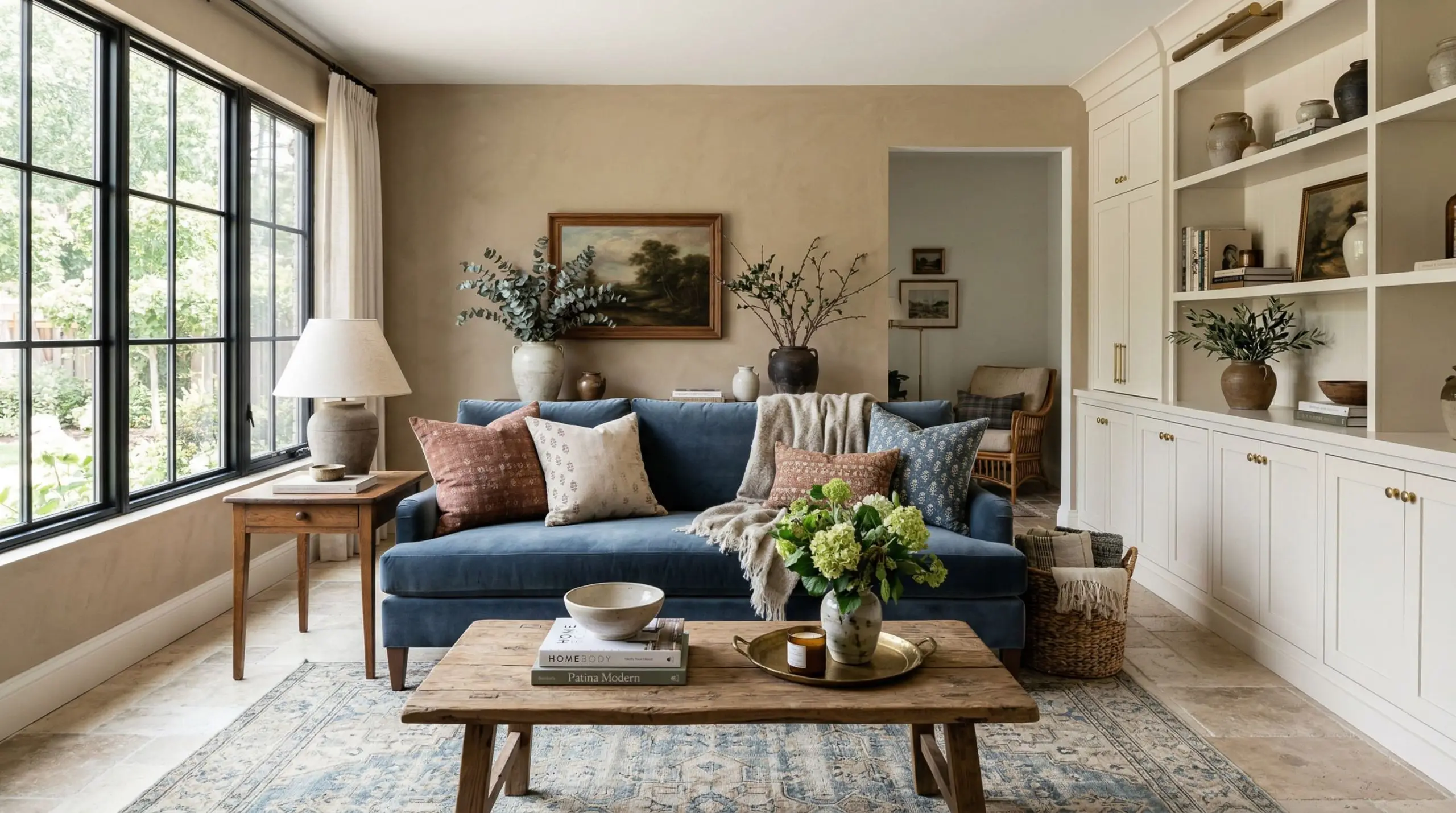 Bright natural daylight fills an organic traditional living space featuring tumbled travertine floors, creamy cabinetry, a navy blue velvet sofa, and warm beige walls.