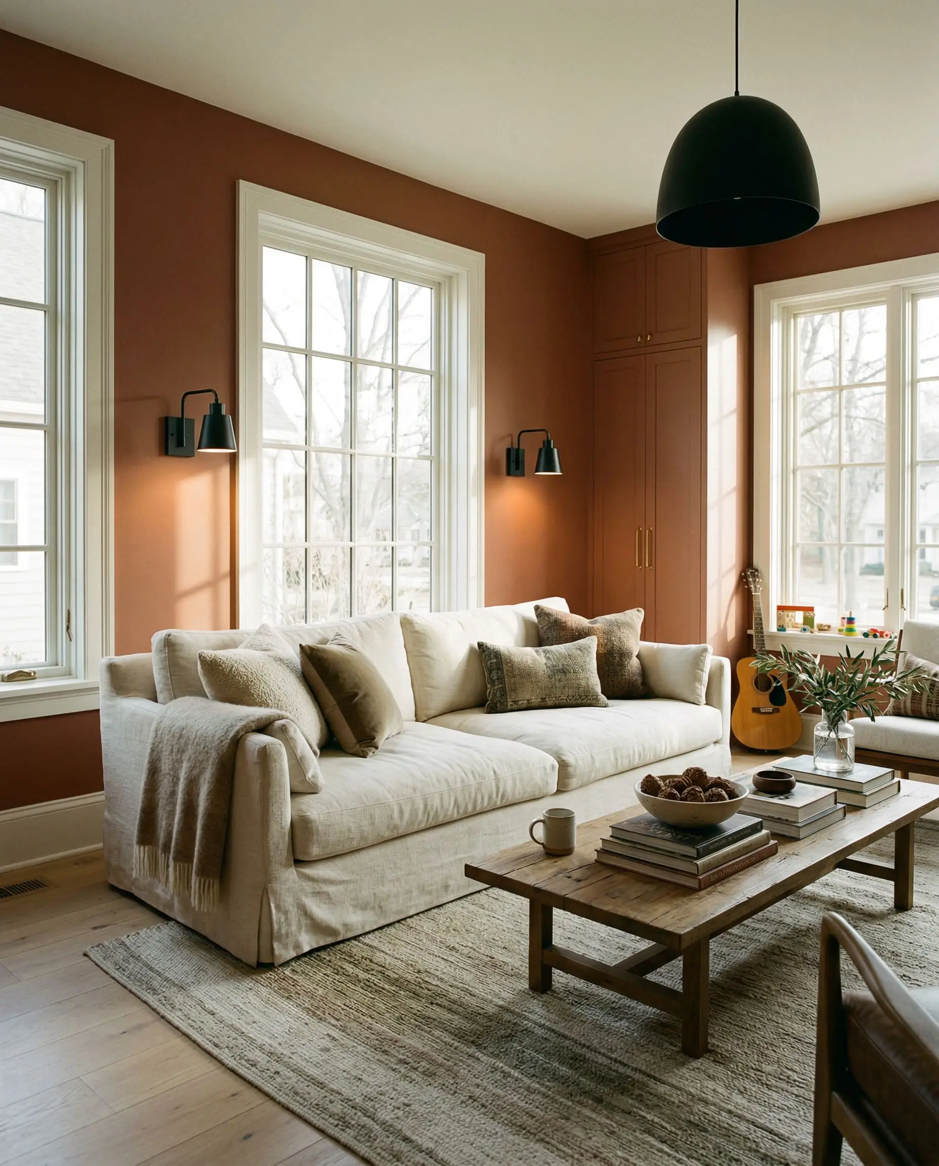Warm South-facing sunlight floods a living room featuring pale white oak floors, oversized linen upholstery, matte black light fixtures, and rich terracotta walls.