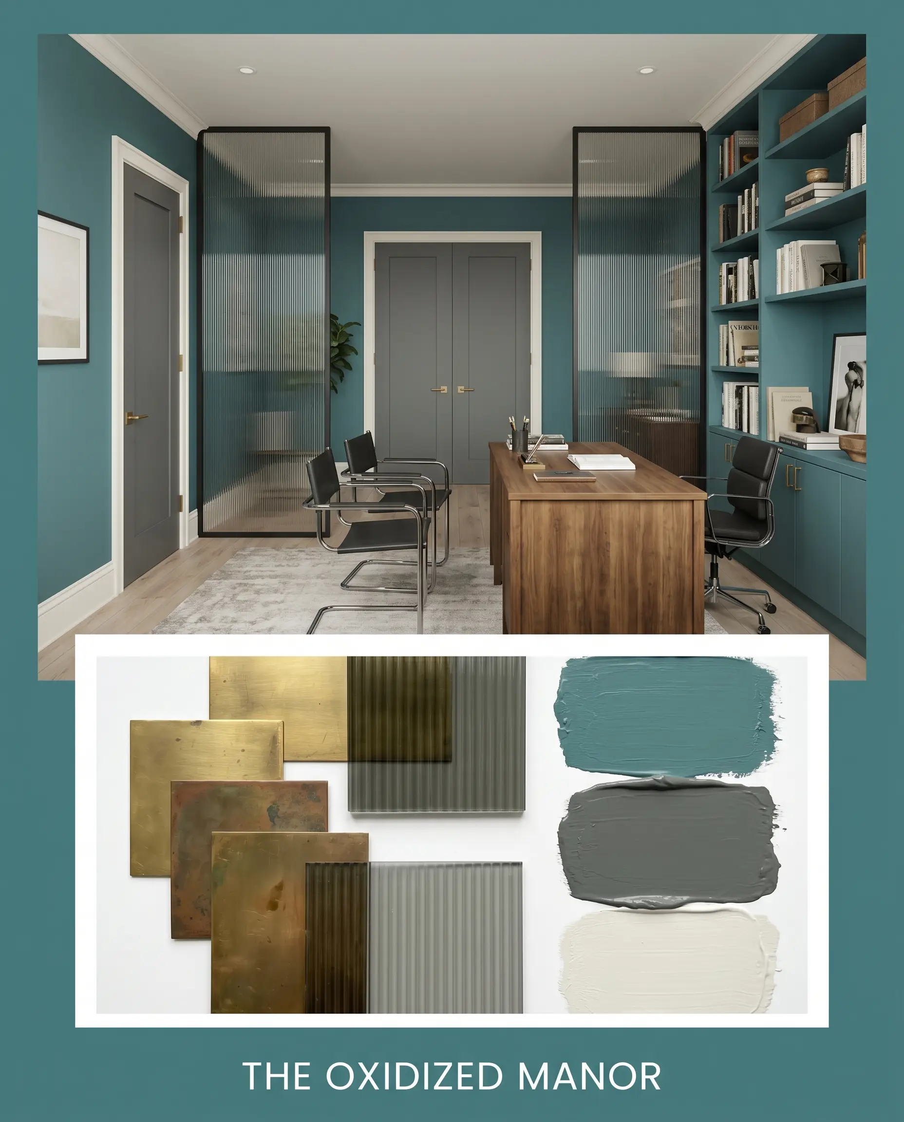 An editorial concept board titled THE OXIDIZED MANOR features a historic home office above a flat-lay of unlacquered brass, smoked ribbed glass, and rich teal paint swatches.